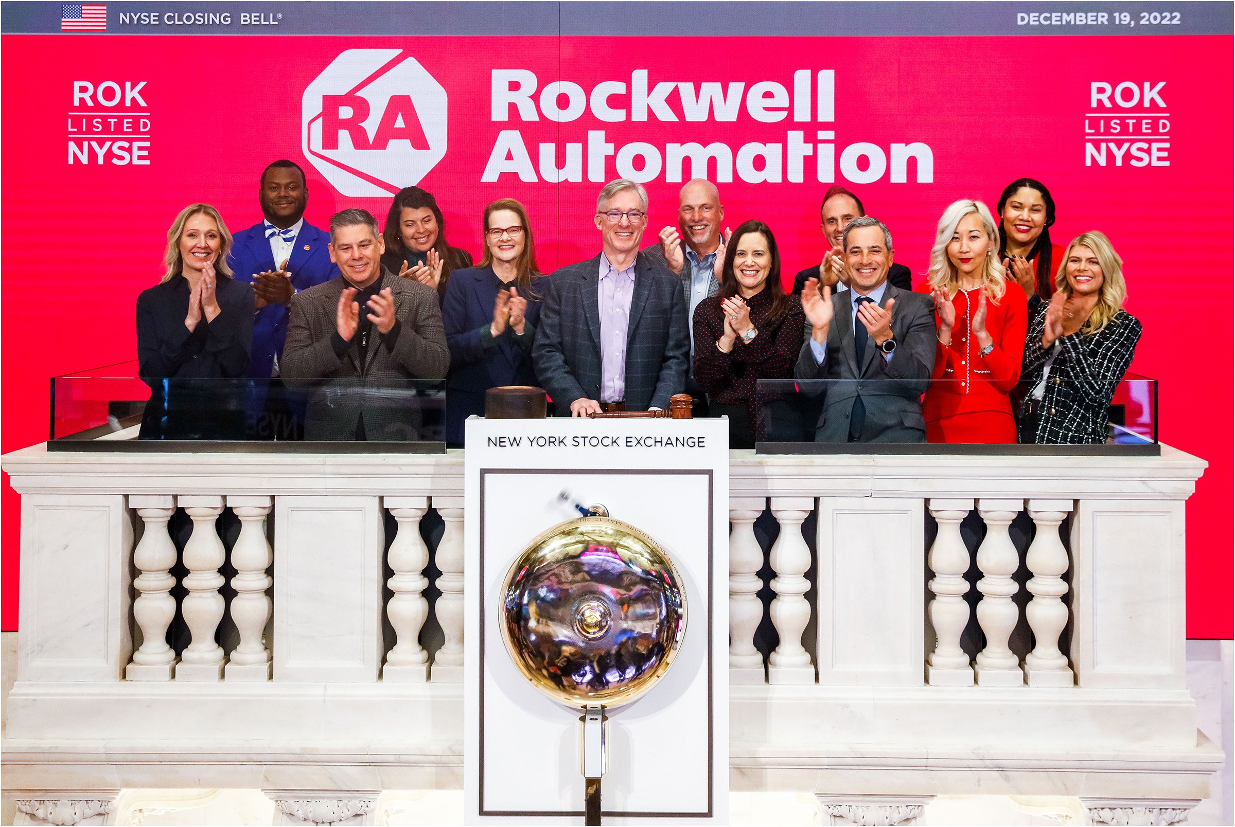 Rockwell Automation executives ring closing bell New York Stock Exchange December 19, 2022. Blake Moret, Becky House, Tessa Myers, others.