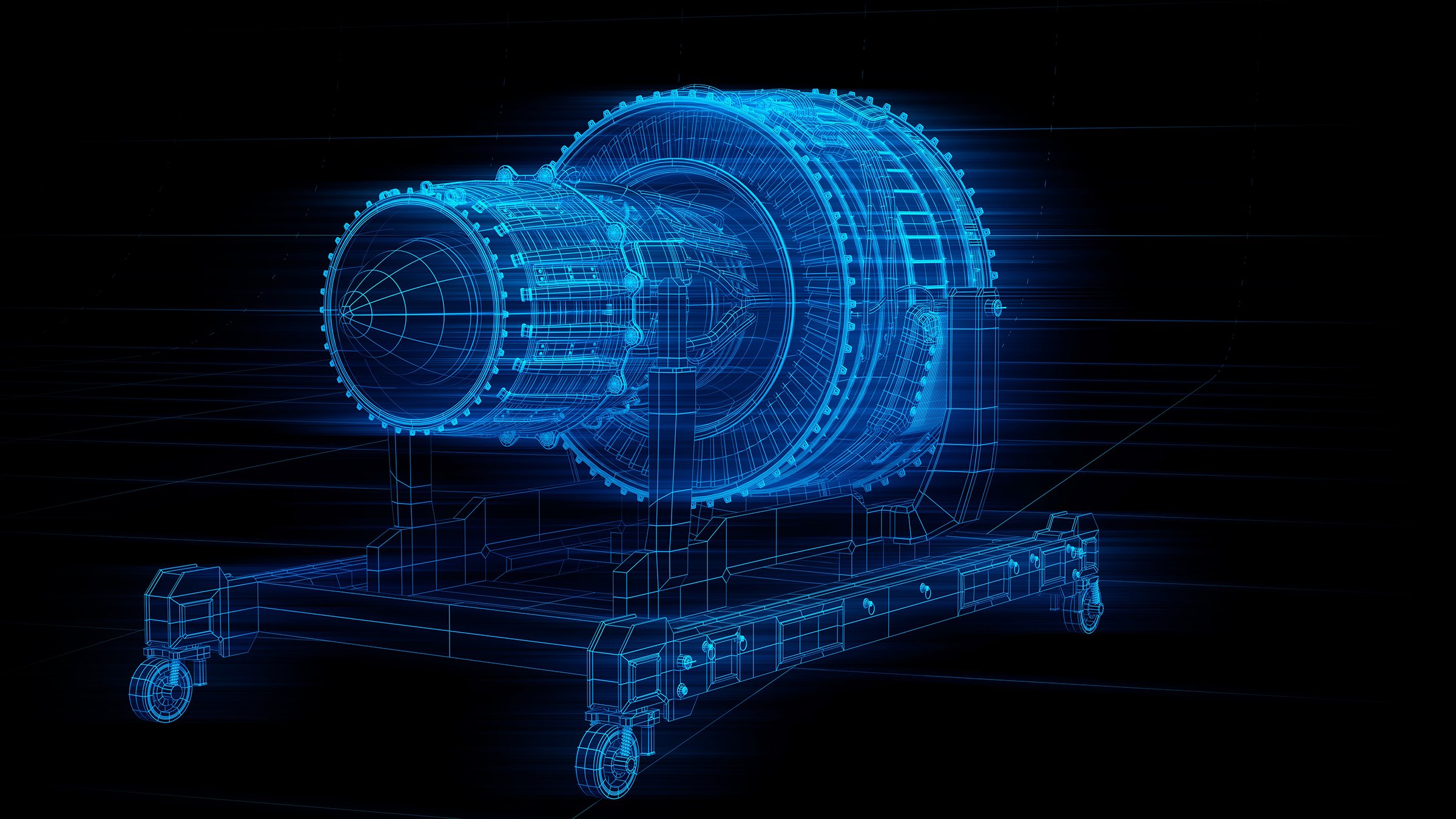 Digital twin wireframe rendering of industrial electric motor on black background in 3D.