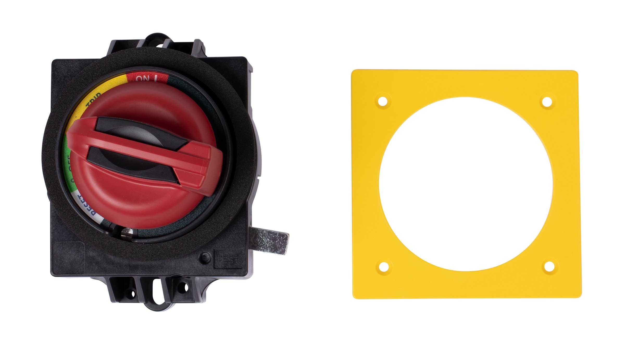 Vue de face d'un opérateur rotatif en H noir avec une poignée rouge et une plaque de montage jaune 