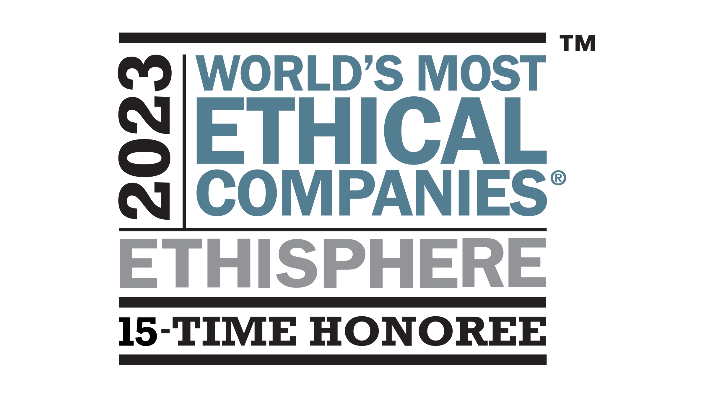 2023 World's Most Ethical Companies Ethisphere 15-Time Honoree logo blue grey black