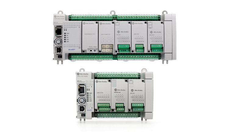 Front-facing view of Allen-Bradley Micro870 controller catalog 2080-L70E-24QWB and Micro850 controller catalog 2080-L50E-48QWB