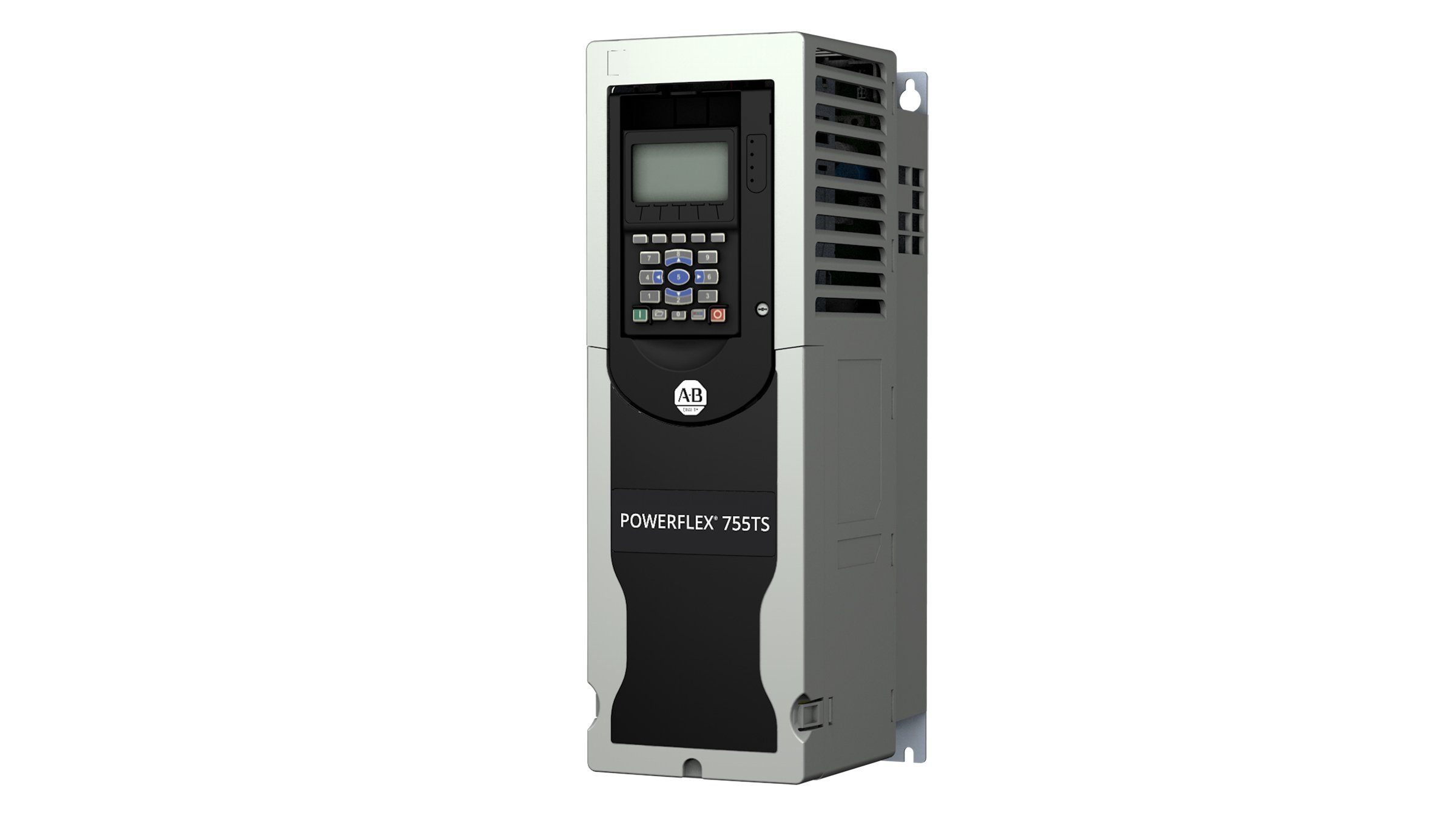Light grey rectangular PowerFlex 755TS variable frequency drive with buttons on front and a screen