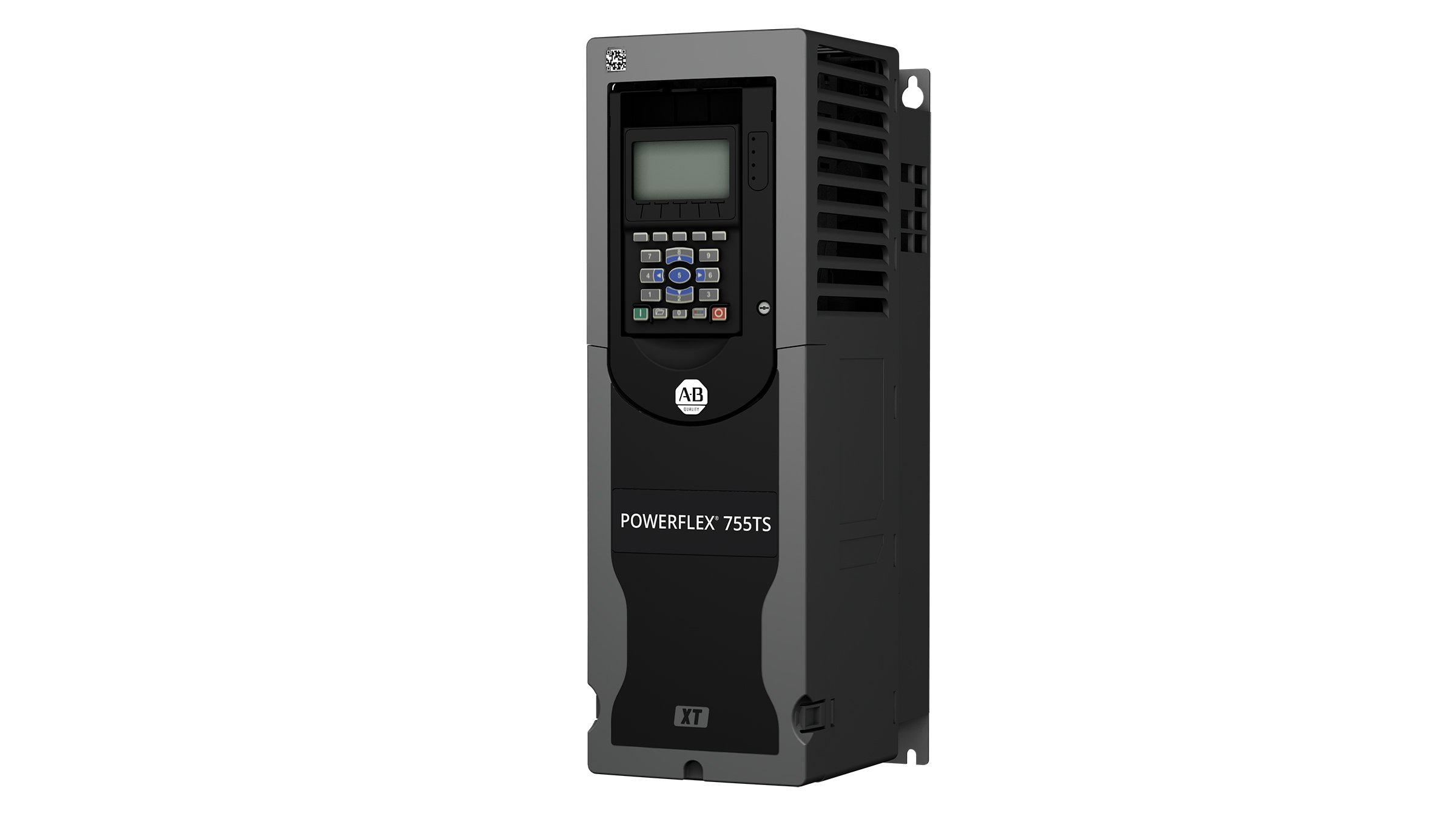Dark grey rectangular PowerFlex 755TS variable frequency drive with buttons on front and screen and special XT design for corrosive gas protection
