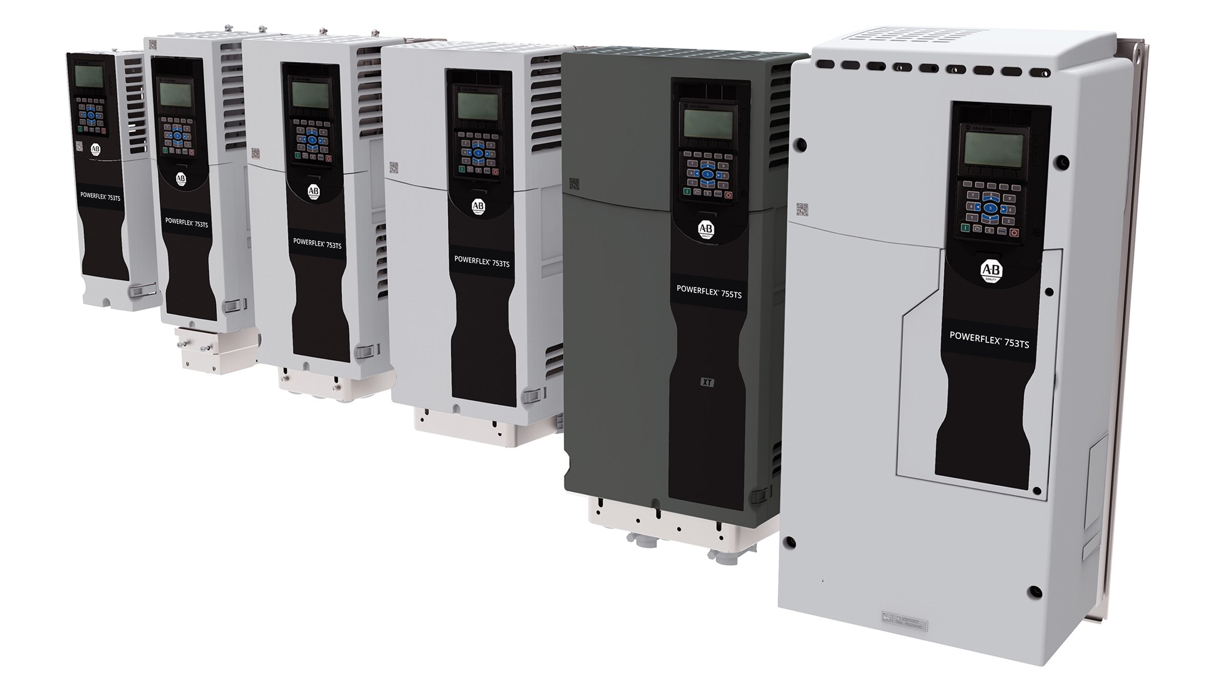 Group of six PowerFlex 755TS drives in a horizontal format. One is dark grey and five are light grey. 