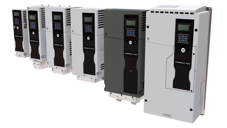 Front-facing view of a row of six tall rectangular PowerFlex 755TS variable frequency drives.
