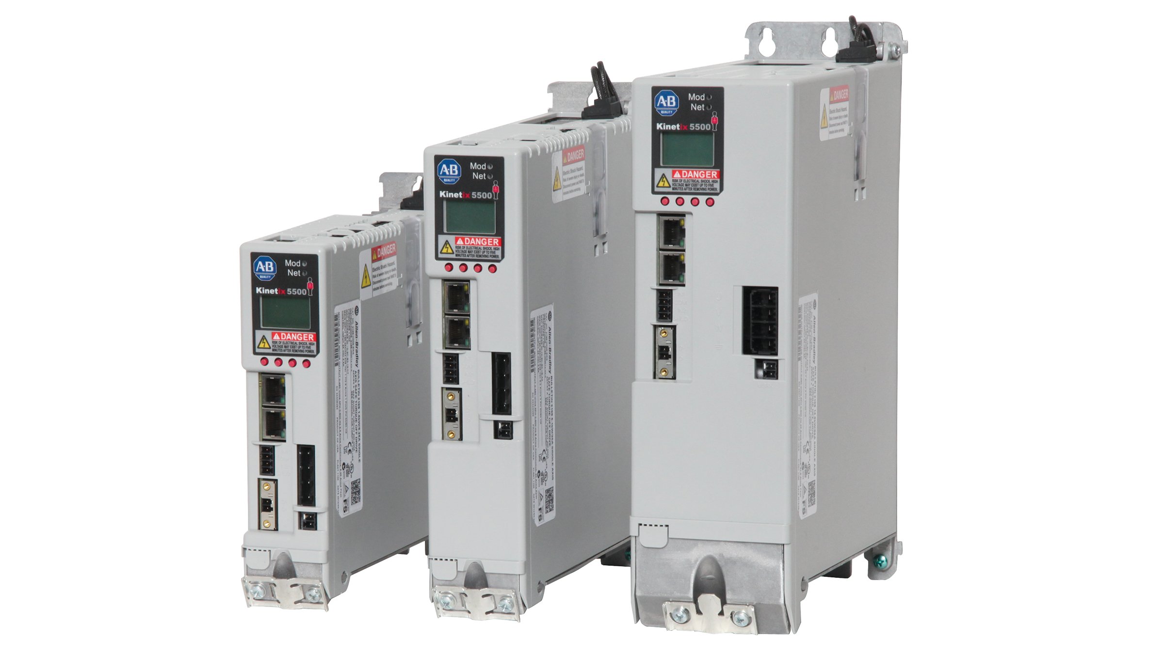 Os servo-drives Kinetix® 5500 cód. cat. 2198 da Allen-Bradley conectam-se e operam com controladores CompactLogix™ 5370, suportando movimento integrado em Ethernet/IP.