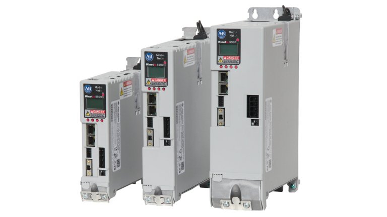 Three Allen‑Bradley Bulletin 2198 Kinetix® 5500 Servo Drives connect to and operate with CompactLogix™ 5370 controllers, supporting Integrated Motion on EtherNet/IP.