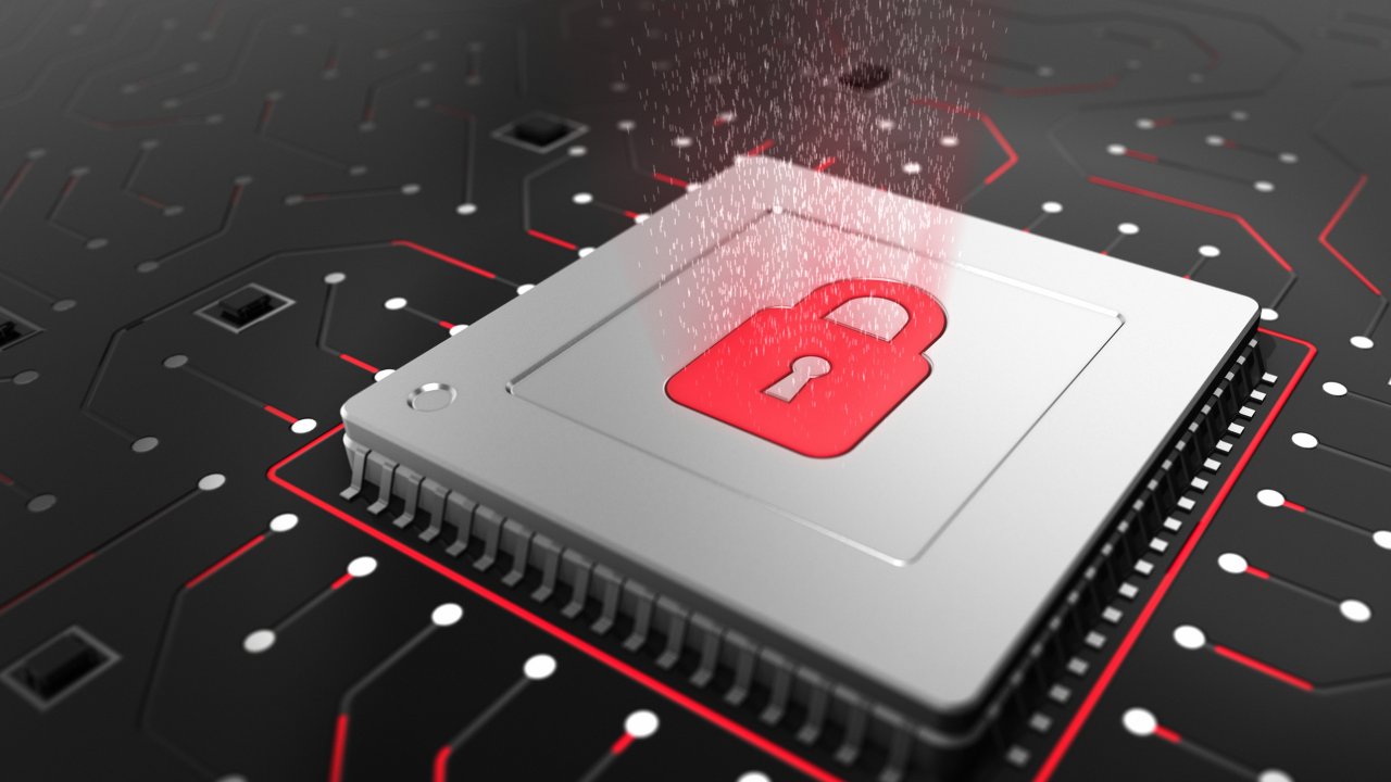 Imagen en 3D de una CPU en una tarjeta madre con un símbolo de CPU con candado que representa la ciberseguridad industrial y la protección de datos. 