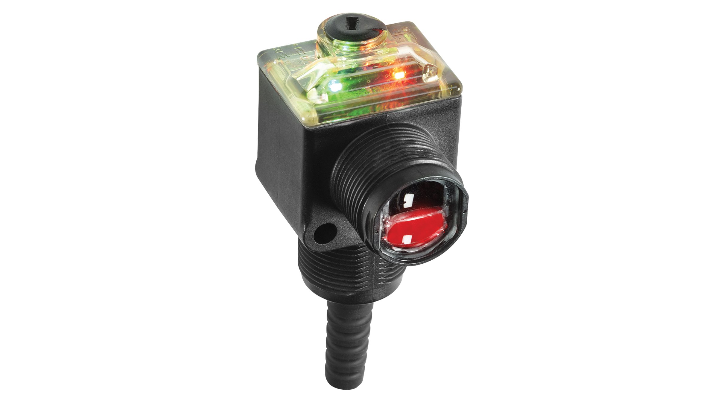 Ein schwarzer RightSight-Sensor der Serie 42EF mit roter Linse, einer Multi-LED-Anzeige auf der Oberseite und einer Gewindebefestigung auf der Unterseite.