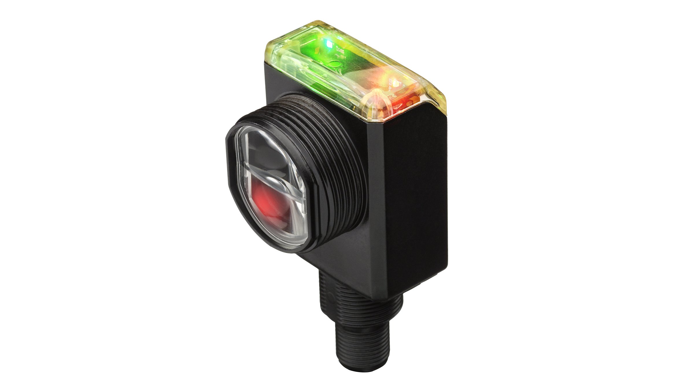 Black, rectangular sensor with sensor head on front and red and green LED indication on top