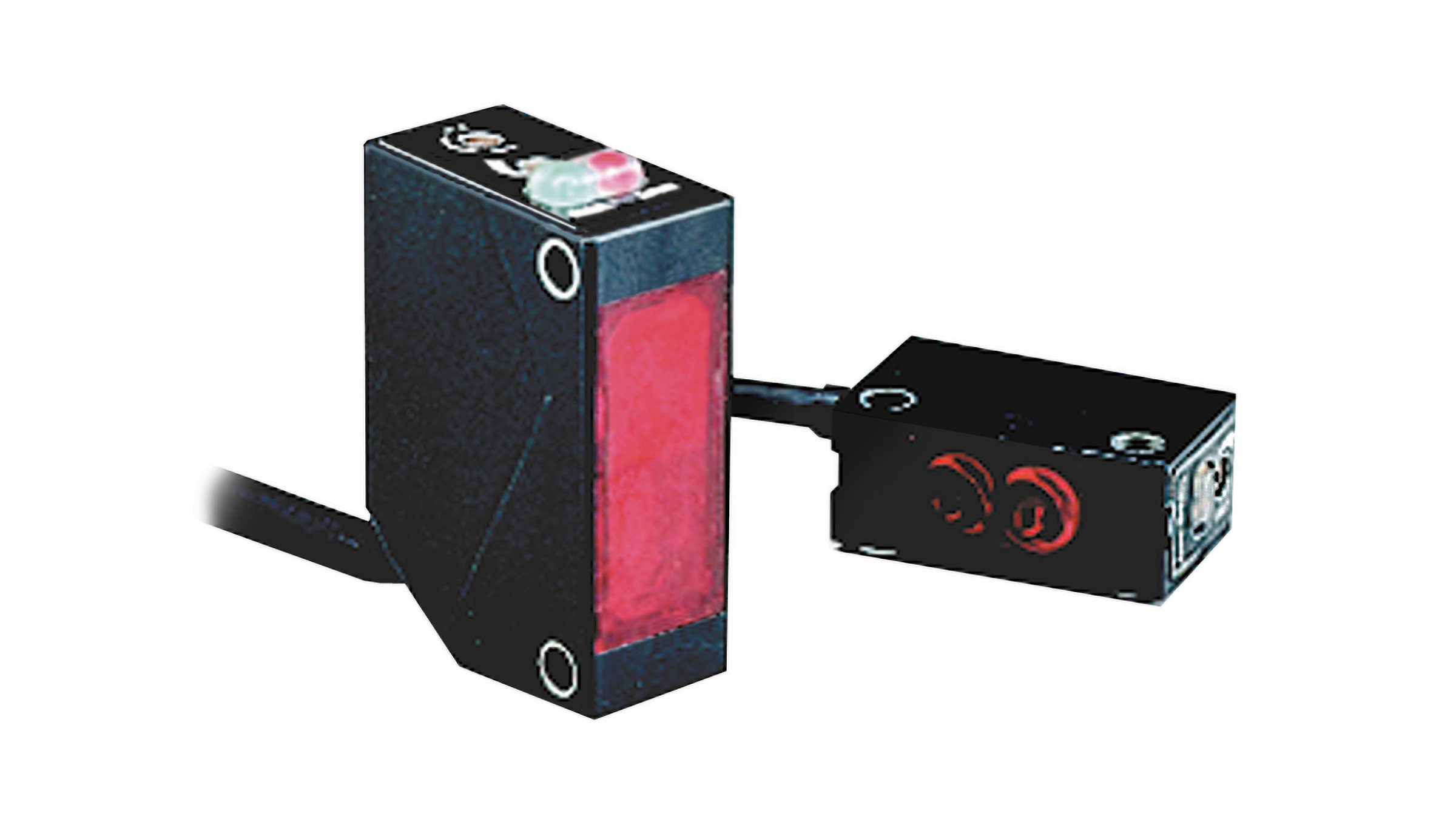 Black Allen-Bradley rectangular sensor with integrated cable, red sensing face on the side and red and green LED indicators on the top.