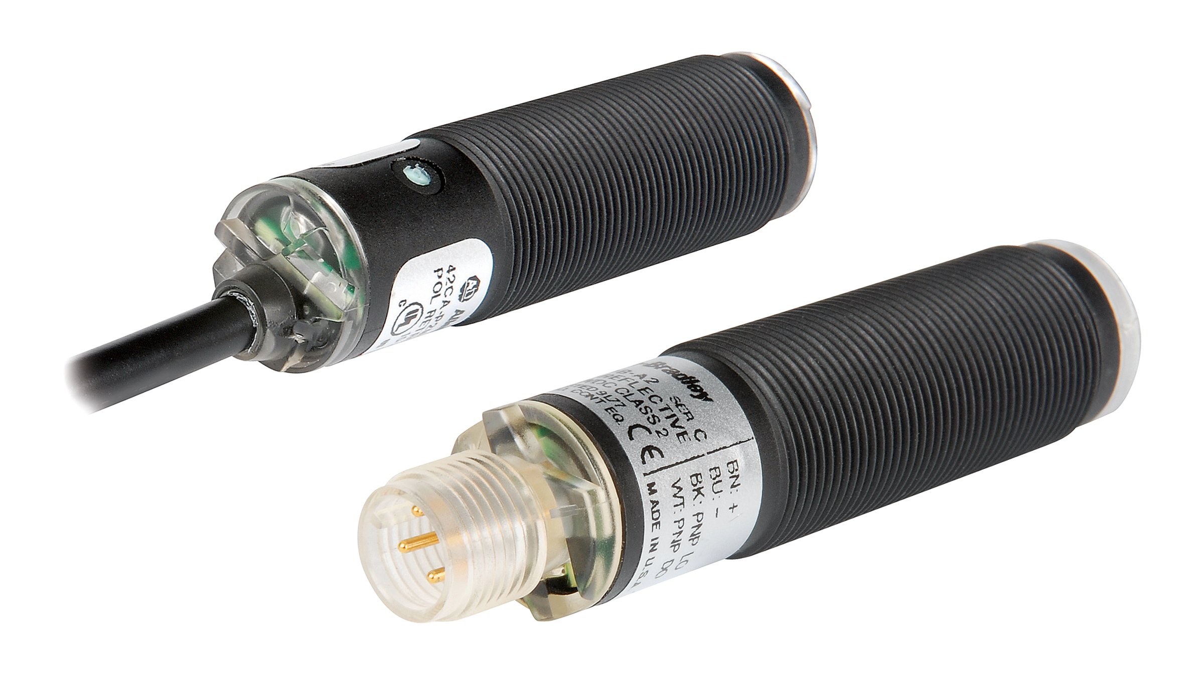 2 black, cylindrical sensors. One with a black integrated cable