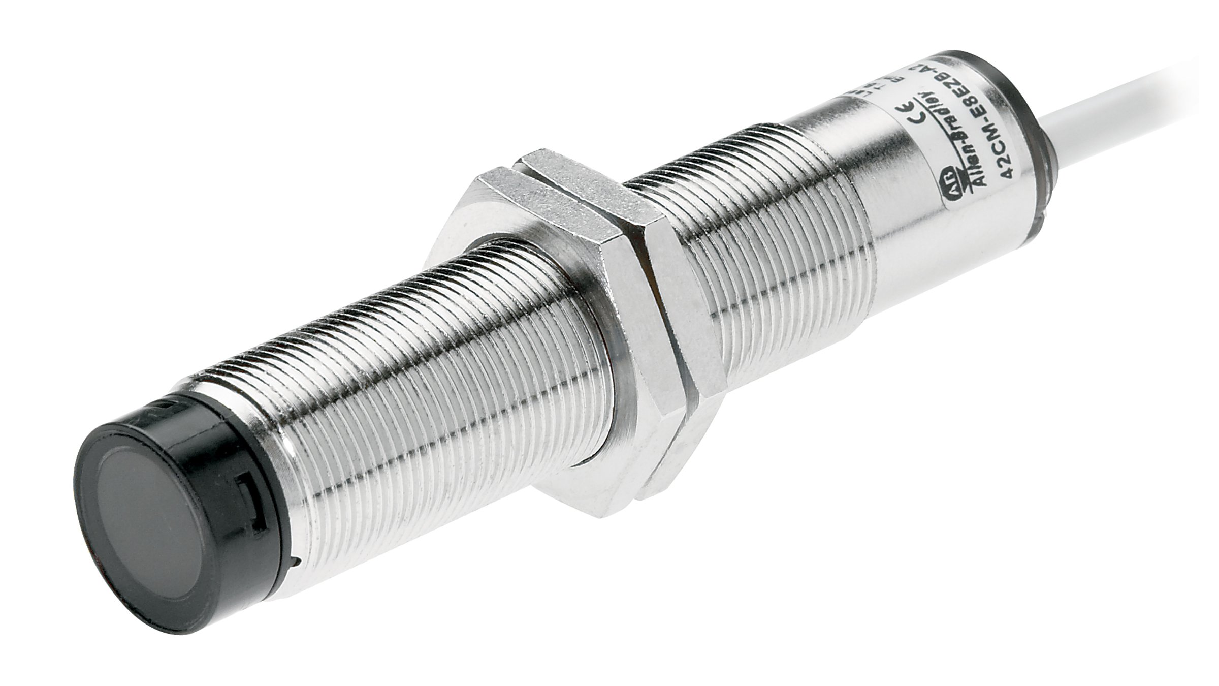 stainless steel threaded cylindrical sensor with mounting nuts and integrated cable