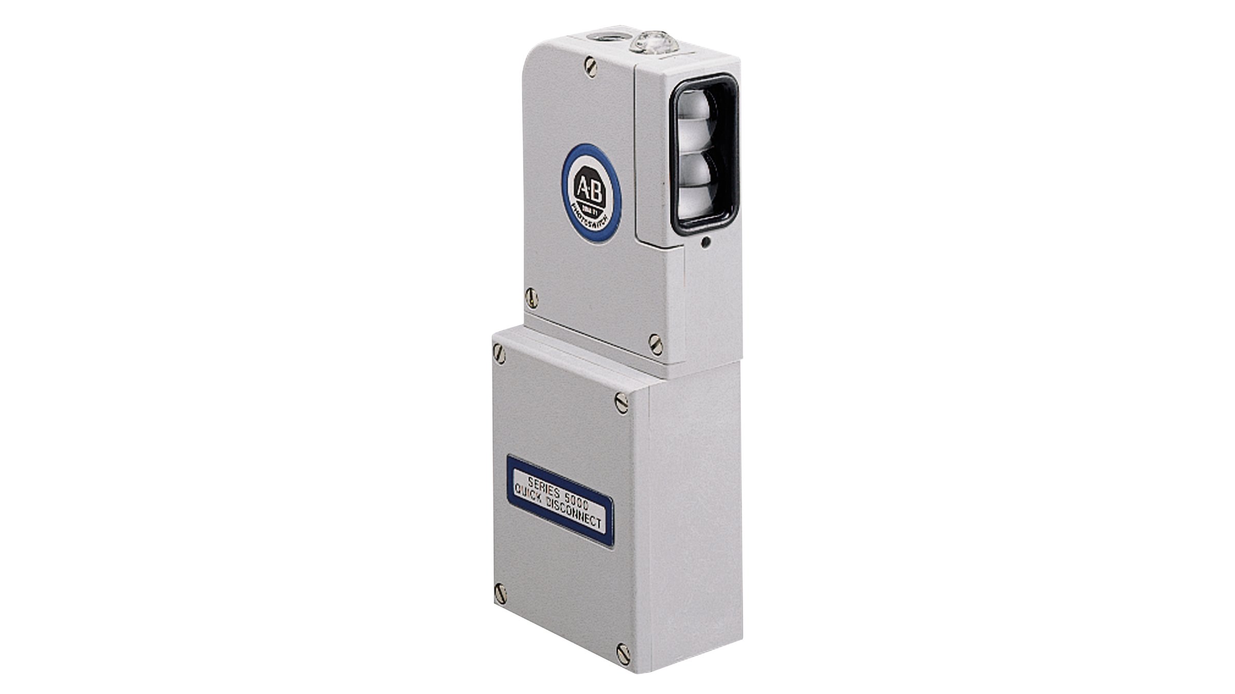 One Allen-Bradley tall, gray rectangular sensor with blue label. Left front view.