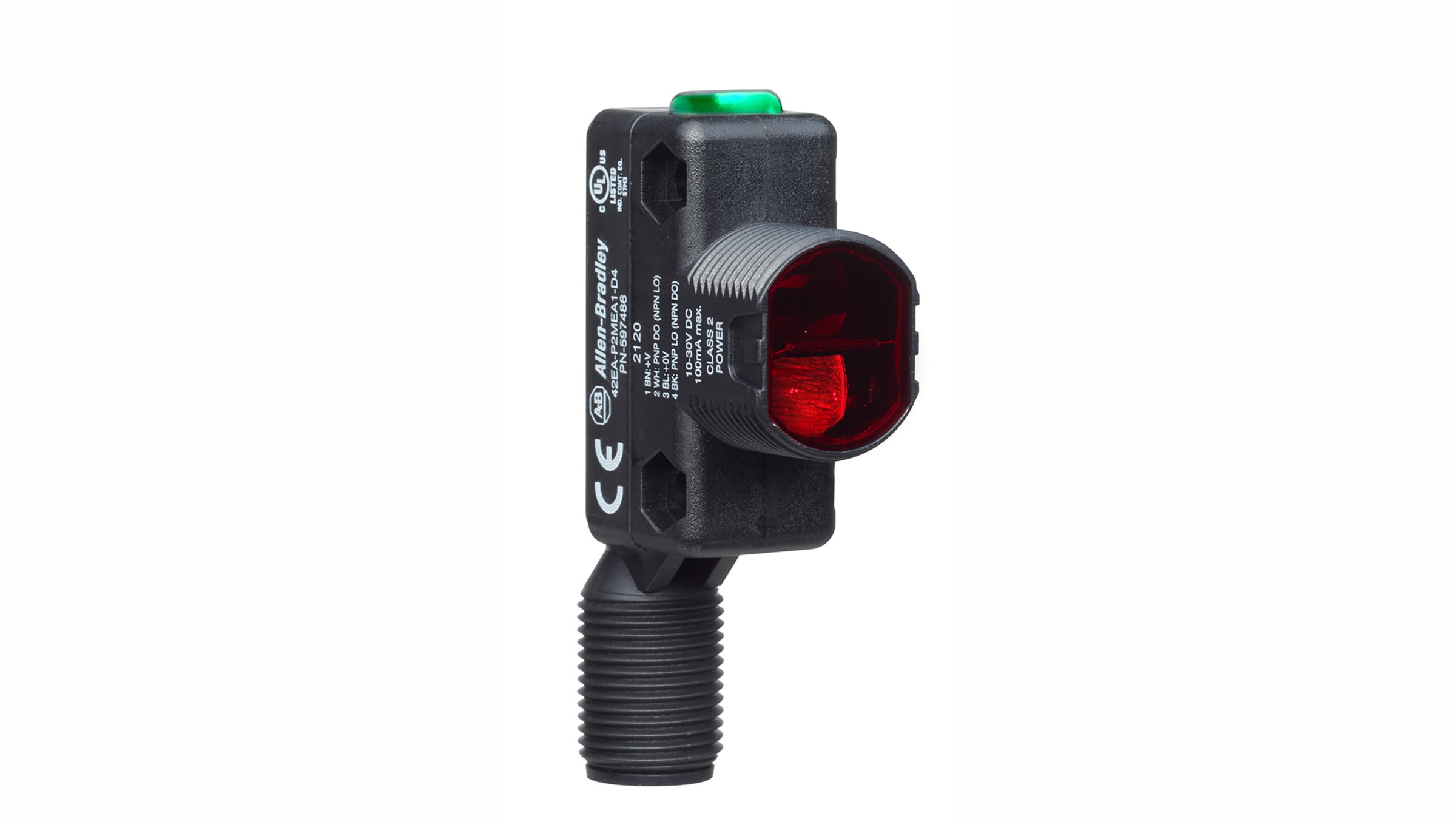 Un sensore RightSight 42EA nero con lente rossa, indicatore a LED verde acceso sulla parte superiore e montaggio filettato sulla parte inferiore.