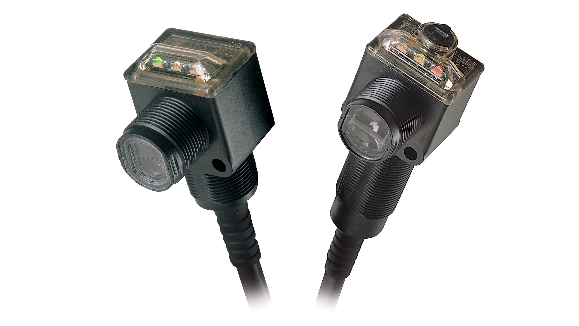 2 black, rectangular sensors with integrated cables and circular sensor heads off the side and LED indicators on the top