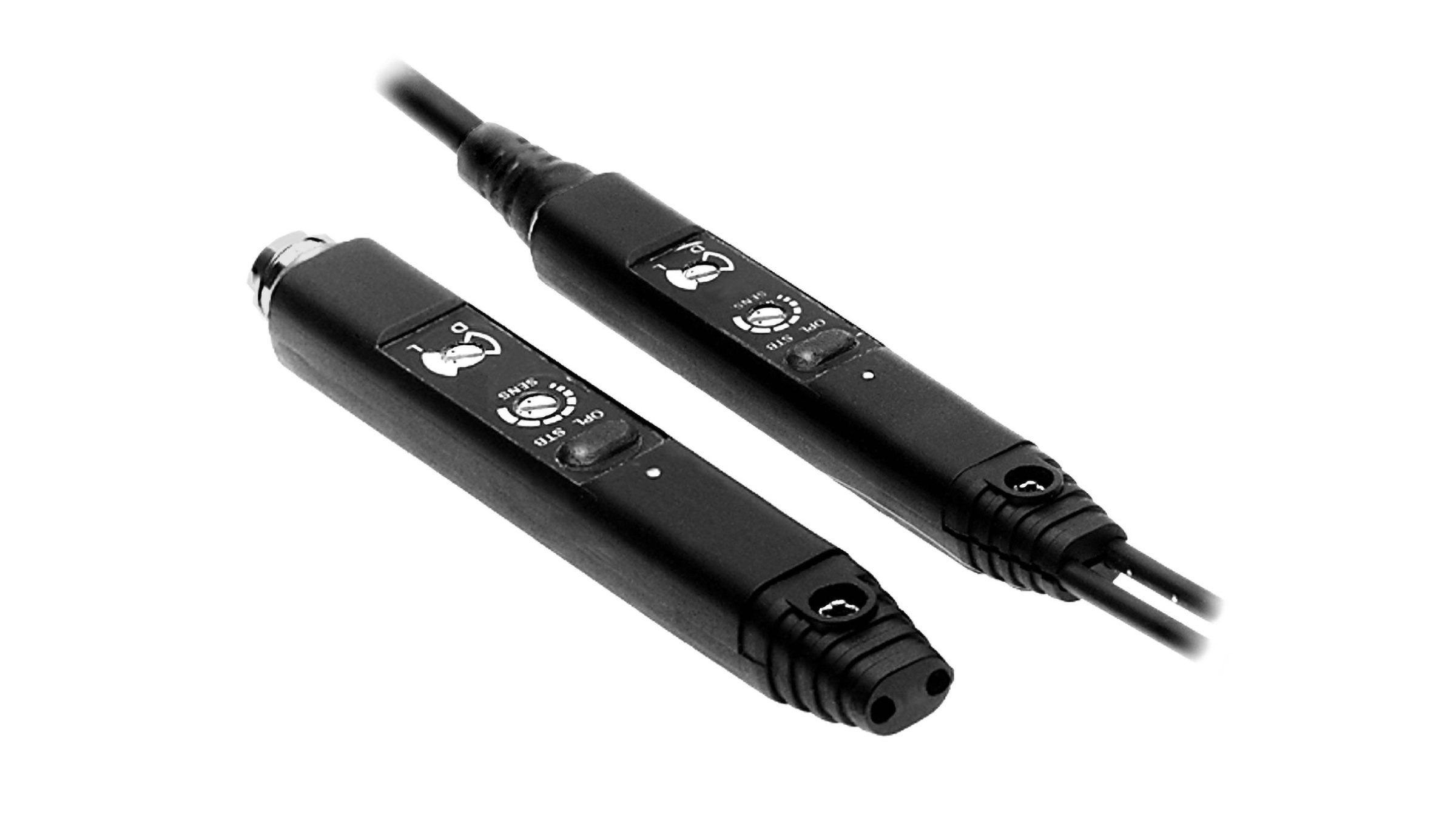 2 sensores negro, rectangulares, largos y delgados, uno con cables integrados