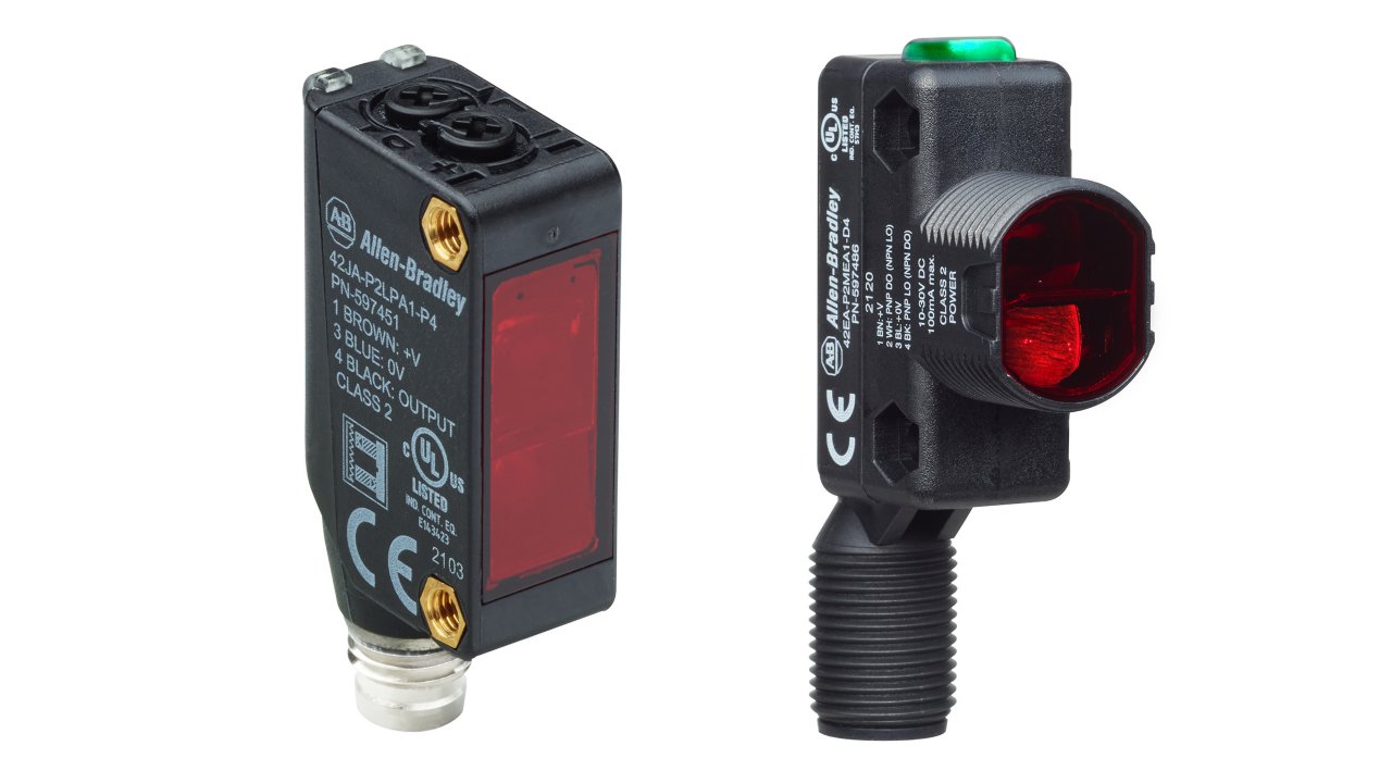 Black 42JA VisiSight sensor (left) and 42EA RightSight (right), both with red lens and threading for mounting off the bottom.