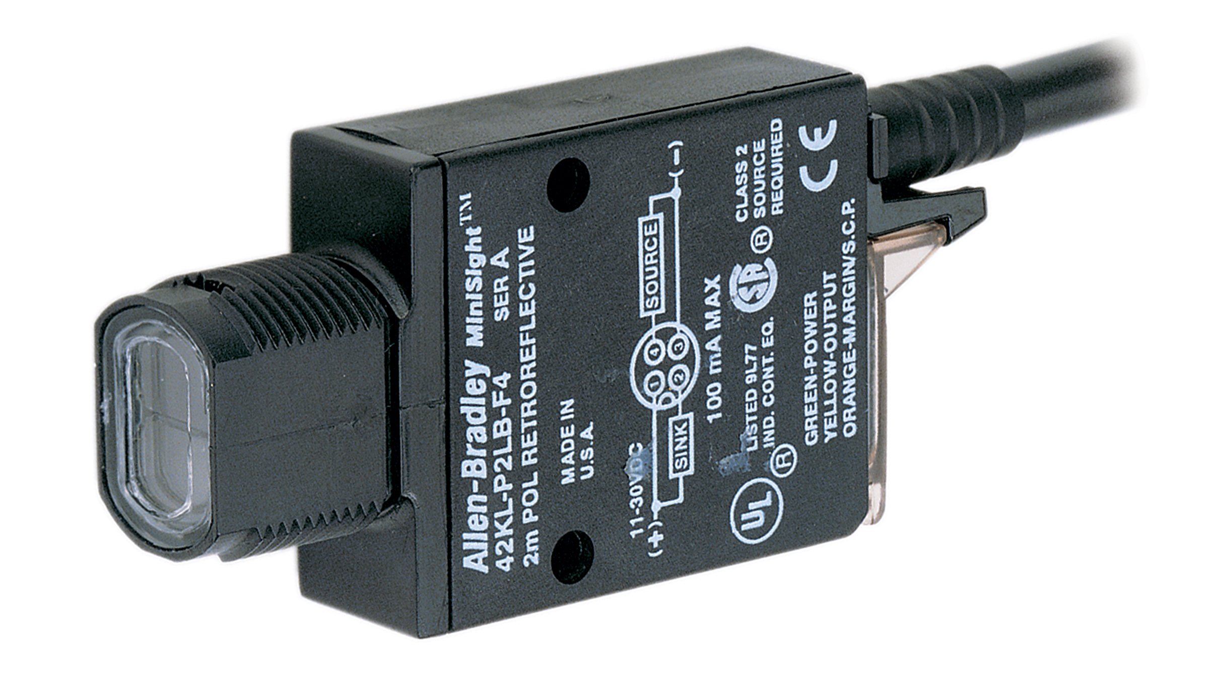 Sensor negro rectangular con un cable integrado en un extremo y un cabezal de sensor en el otro