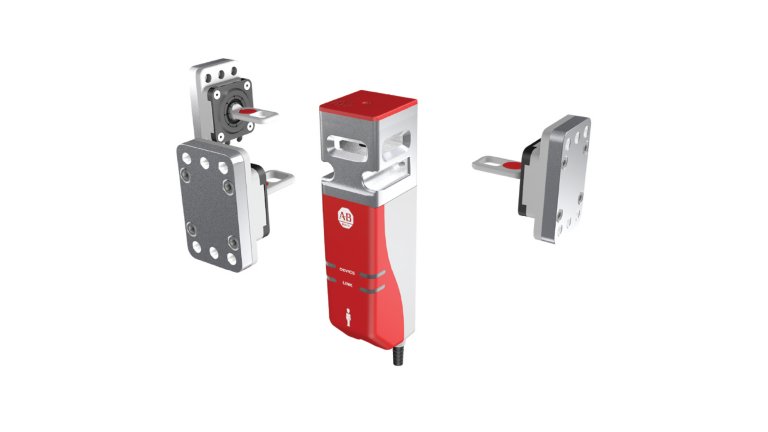Red guard locking switch with 2 actuators pulled out on either side, illustrating different key types and entry points