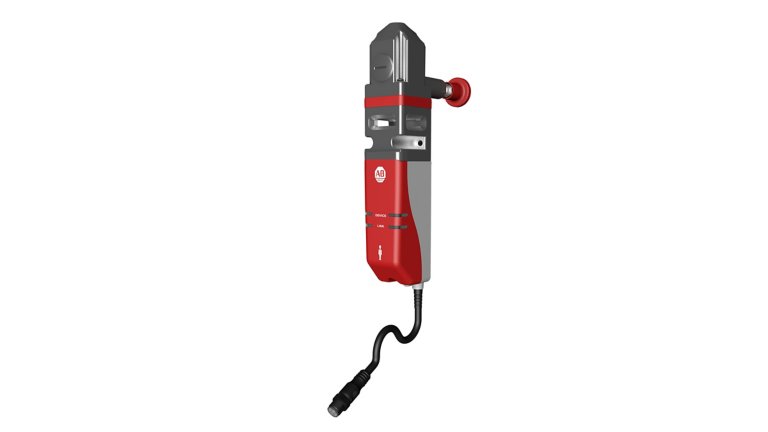 440G-MZ Guard Locking Switch with safety red and grey plastic housing below an aluminum cube with an Escape Release knob from the back and a cable running from the bottom. Allen-Bradley branding and LED indicators are located on front of the red housing.