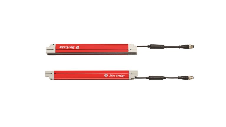 2 red safety light curtain sticks with plug-ins on one end