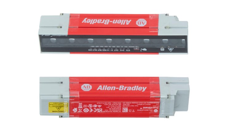 150 mm pair of Safety Light Curtains. A horizontally-positioned pair of 150 mm long red safety light curtains with grey endcaps, and with lenses facing each other. 