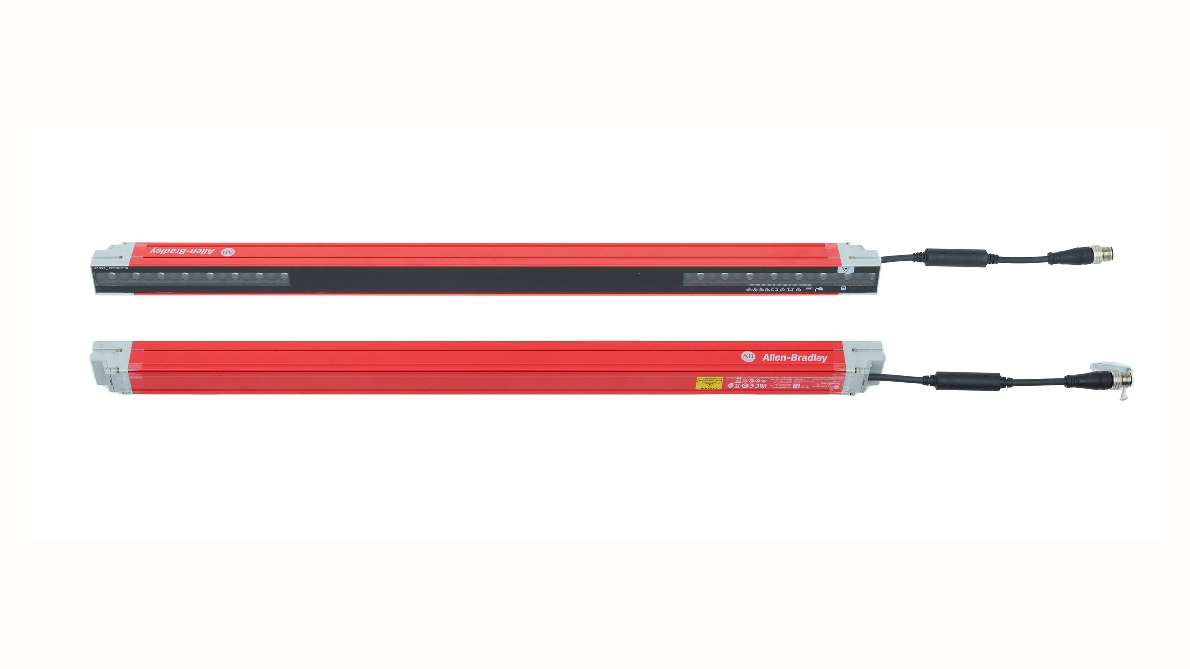 A horizontally-positioned pair of 600 mm long red safety light curtains with grey endcaps, and with lenses facing each other with plug-ins and connector pigtails on the right end