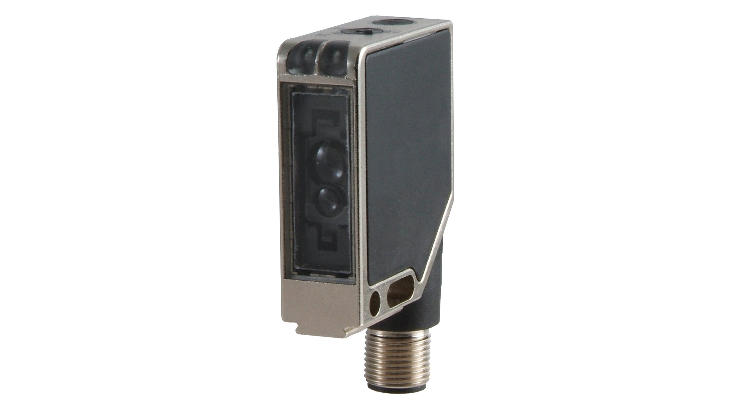 Nickel & black plated rectangular sensor with threaded mounting bottom, side sensing and top LED indicators