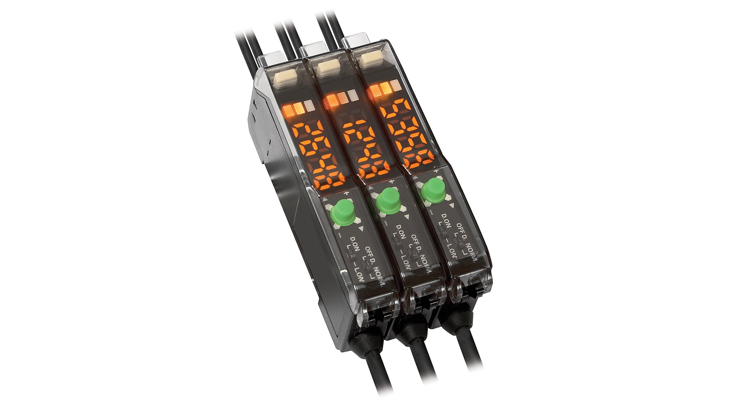 3 adjacent black, rectangular sensors with integrated cables on each end