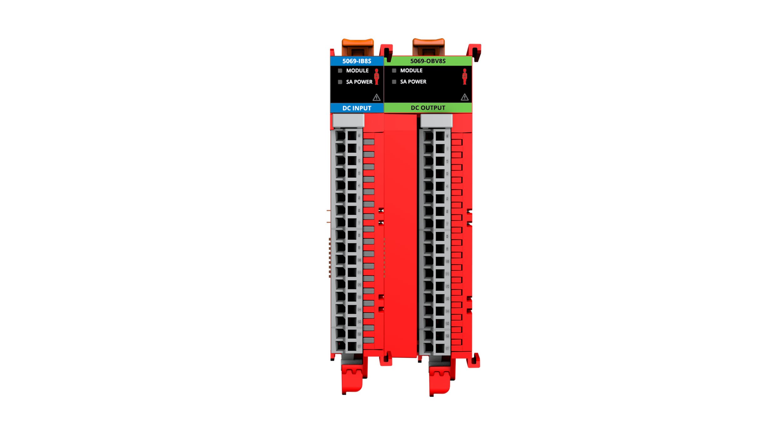 Front-facing view of Allen-Bradley Compact 5000 safety I/O modules catalogs 5069-IB8S and 5069-OBV8S