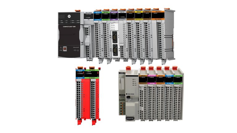 A collage of Allen-Bradley Compact 5000 standard and safety I/O modules, Bulletin 5069