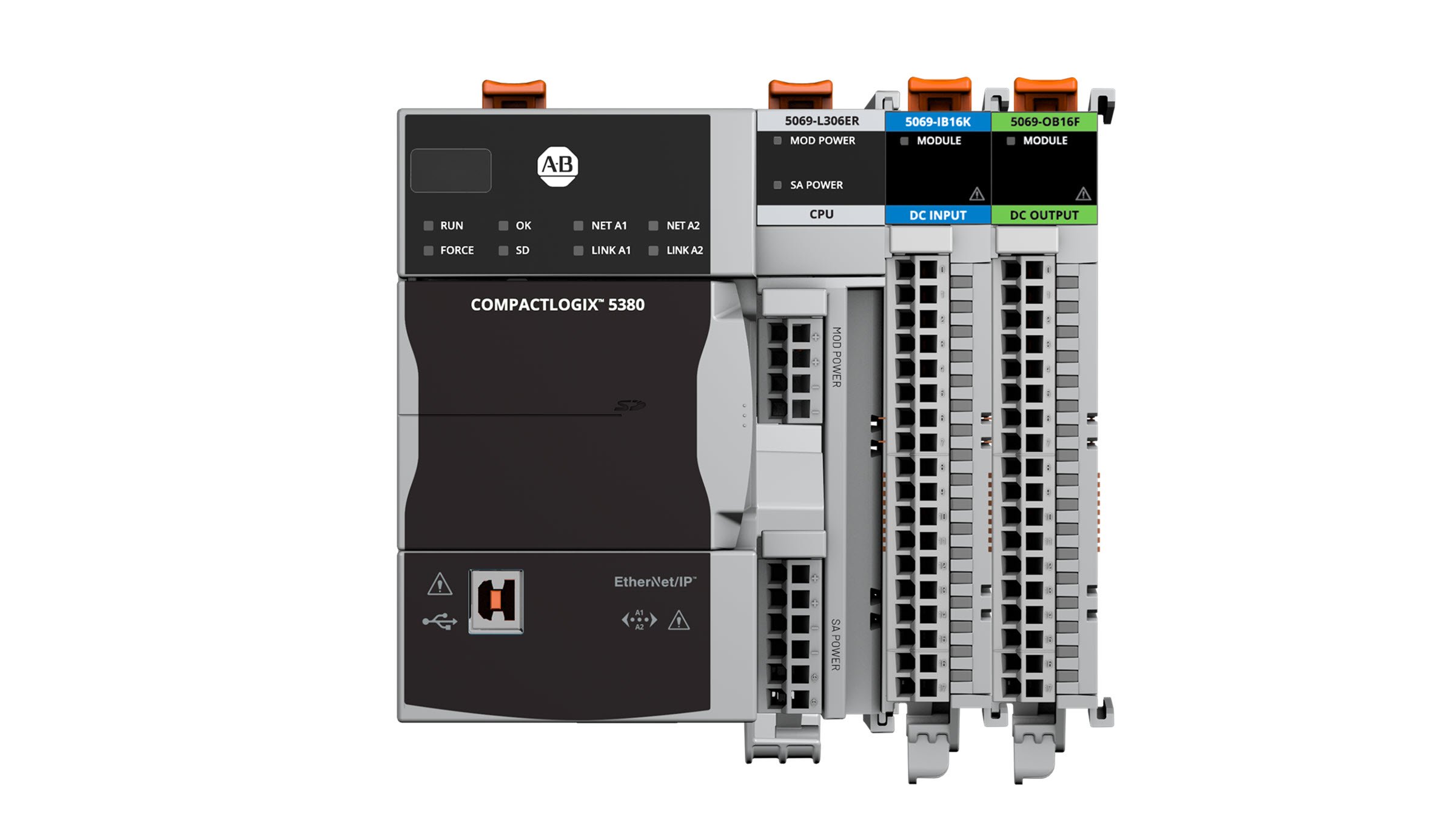 Vista frontal del controlador CompactLogix 5380 y los módulos de E/S Compact 5000 de Allen-Bradley. Los catálogos mostrados son 5069-L306ER, 5069-IB16K y 5069-OB16F