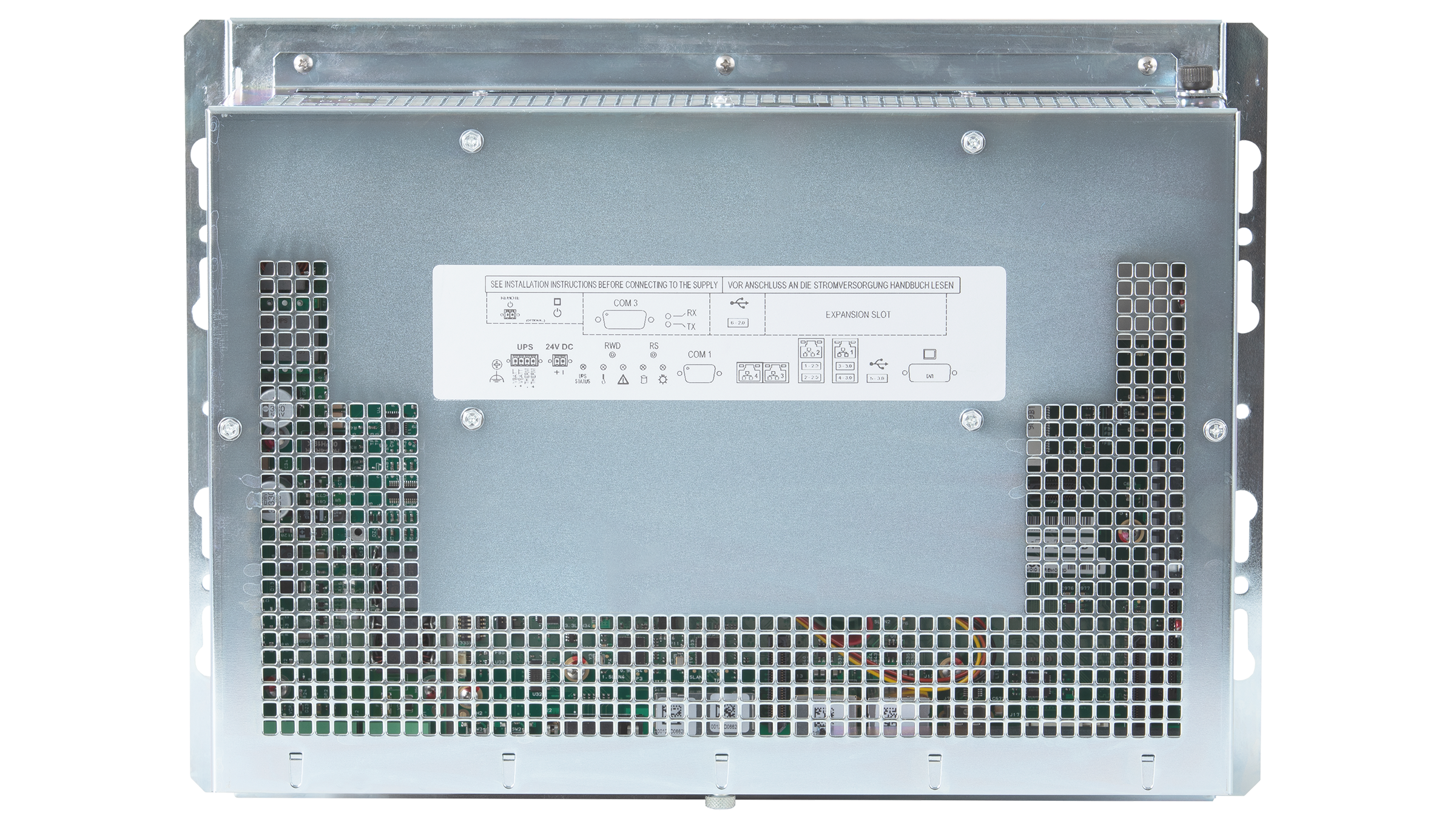 ASEM 6300B Intel Core i 等級壁掛式桌上型個人電腦的背面。背景白色