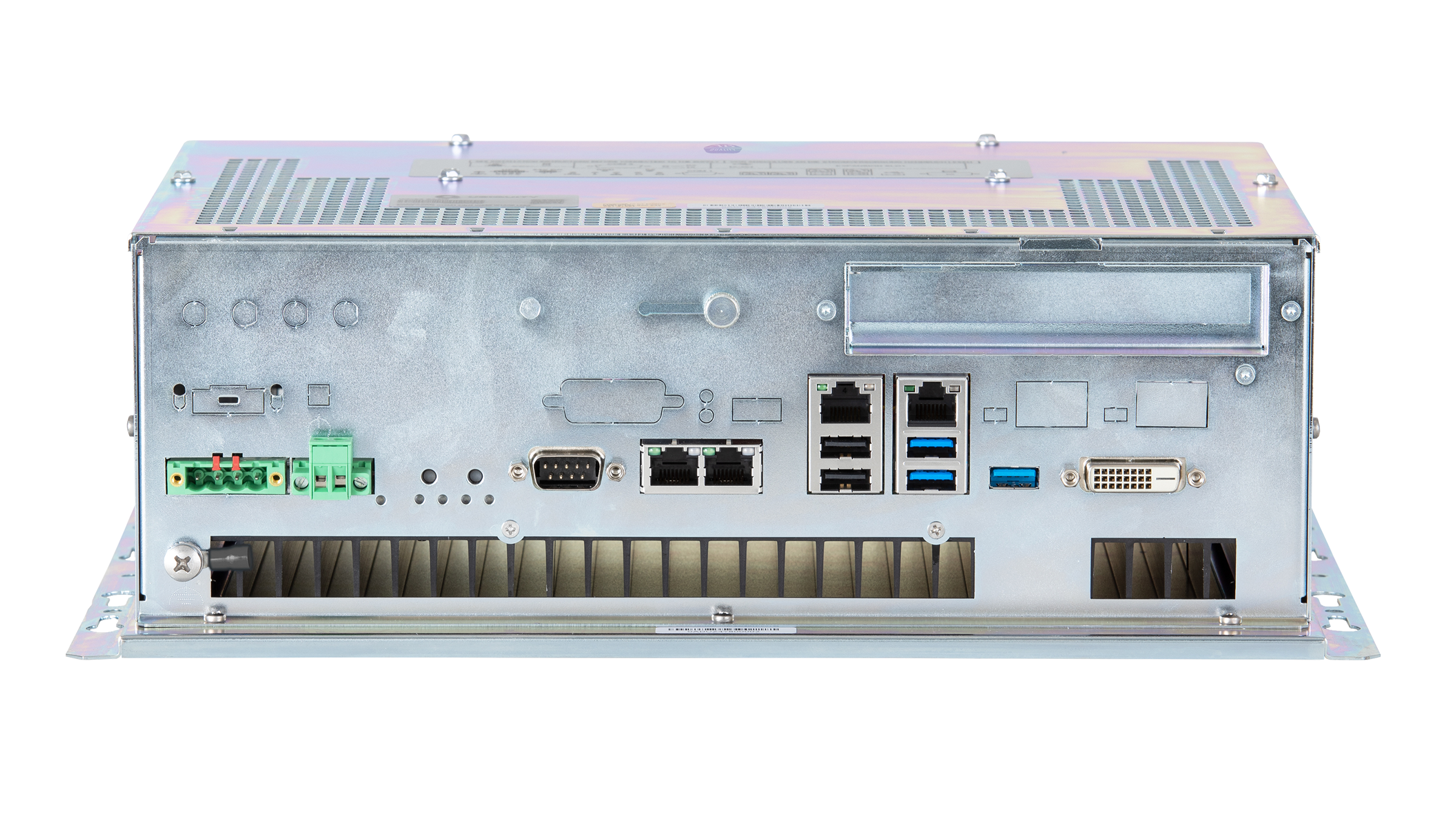 Bodenansicht des Box-PC der ASEM-6300B-Intel-Core-i-Klasse mit Wandmontage, welche die Ports zeigt. Hintergrund ist weiß