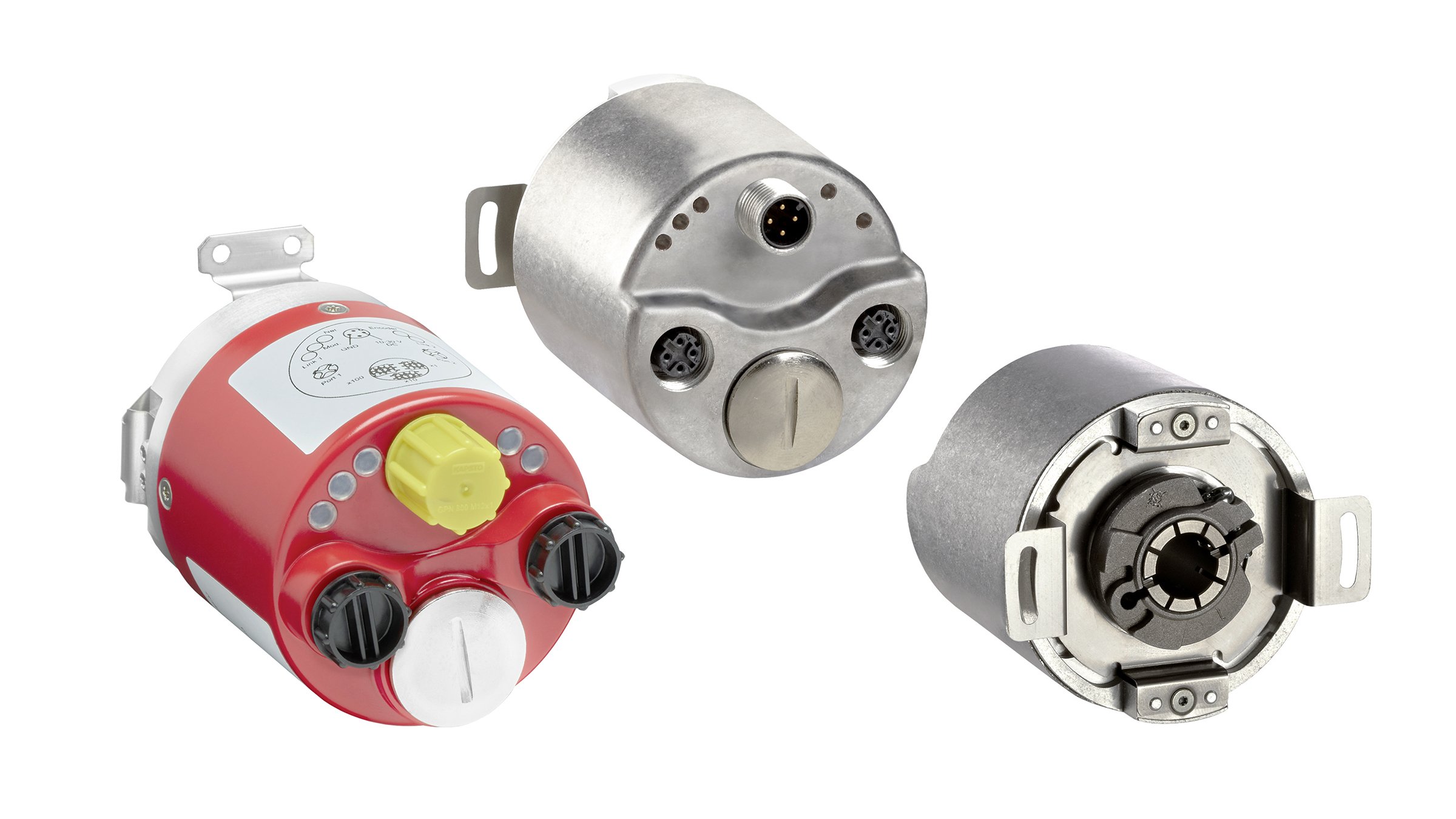 Three  843ES CIP Safety Encoders from top to bottom. Rear view with four connectors; one 12 mm micro male connector (12:00), one with steel conduit cover (6:00), and two 12 mm micro female connectors (3:00 and 9:00). Front view with hollow shaft in the center and mounting brackets at 3:00 and 9:00. Rear view encased in safety red with four connectors; one with yellow plastic cap (12:00), one with steel conduit cover (6:00), and two with plastic black caps (3:00 and 9:00). 