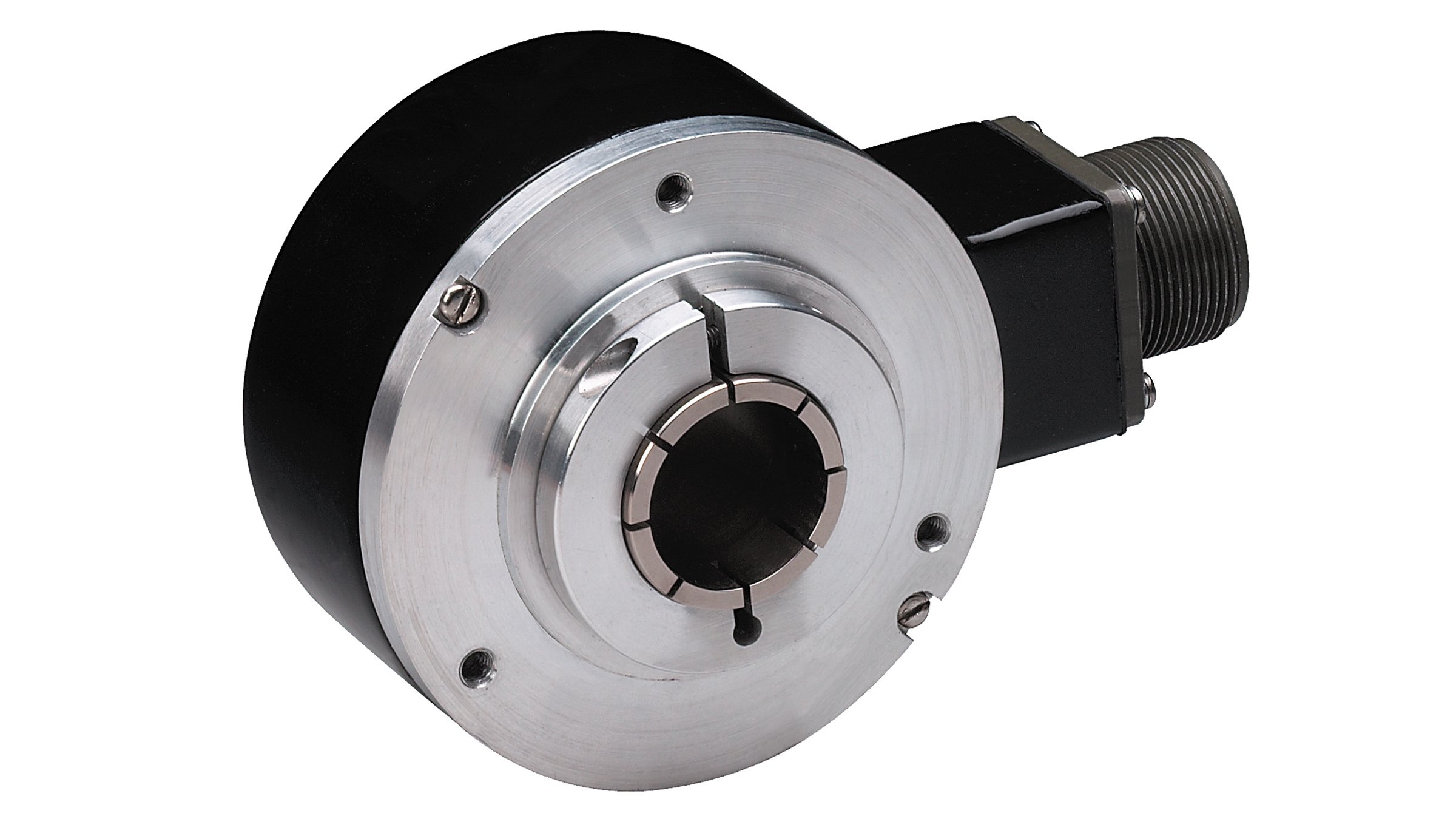 Allen‑Bradley Bulletin 844D High-frequency Incremental Optical Encoders mount directly to the monitored shaft by a split collar clamp on the encoder, eliminating the need for mounting plates and flexible couplings.