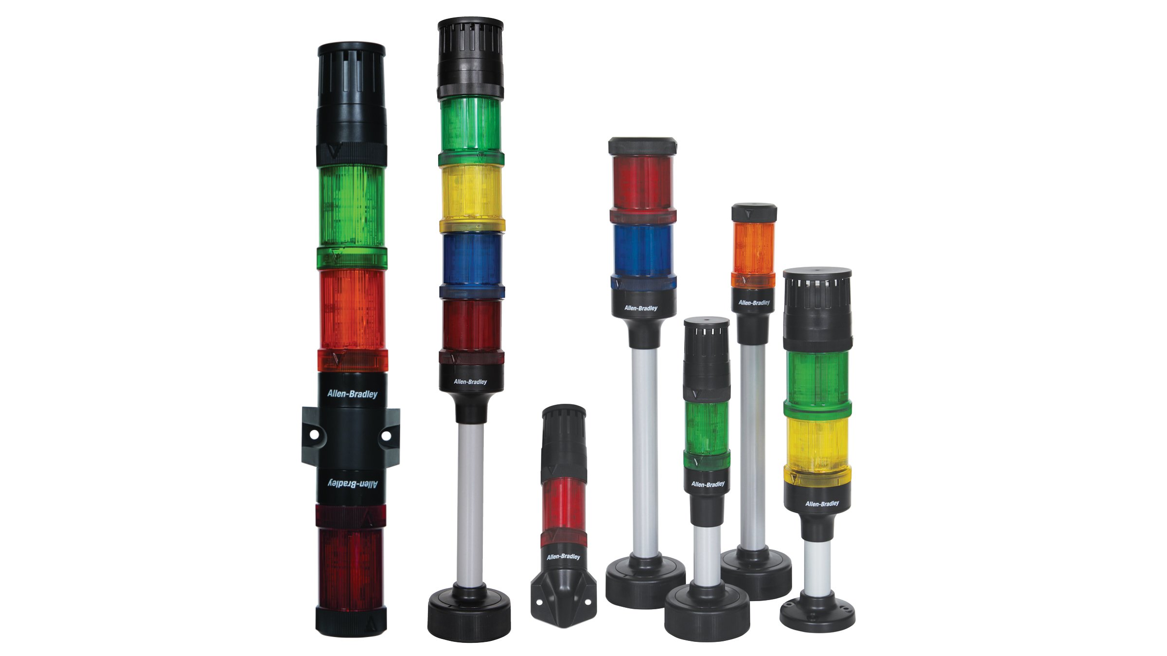 Family shot of various color and size configurations of 854J/K industrial beacons stacked with pedastals and without.