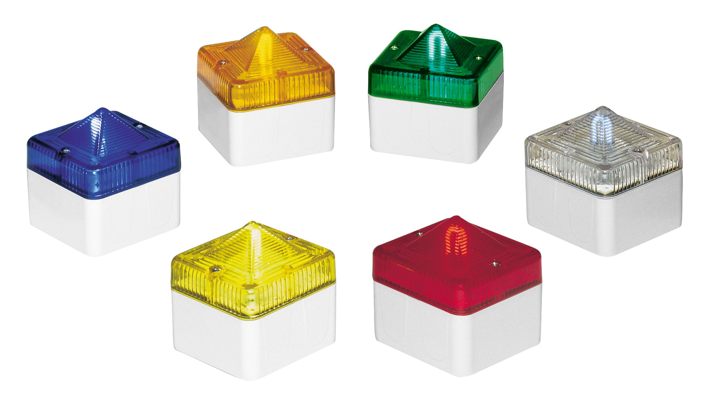 Family shot of various color and size configurations of square industrial beacons on white plastic bases.