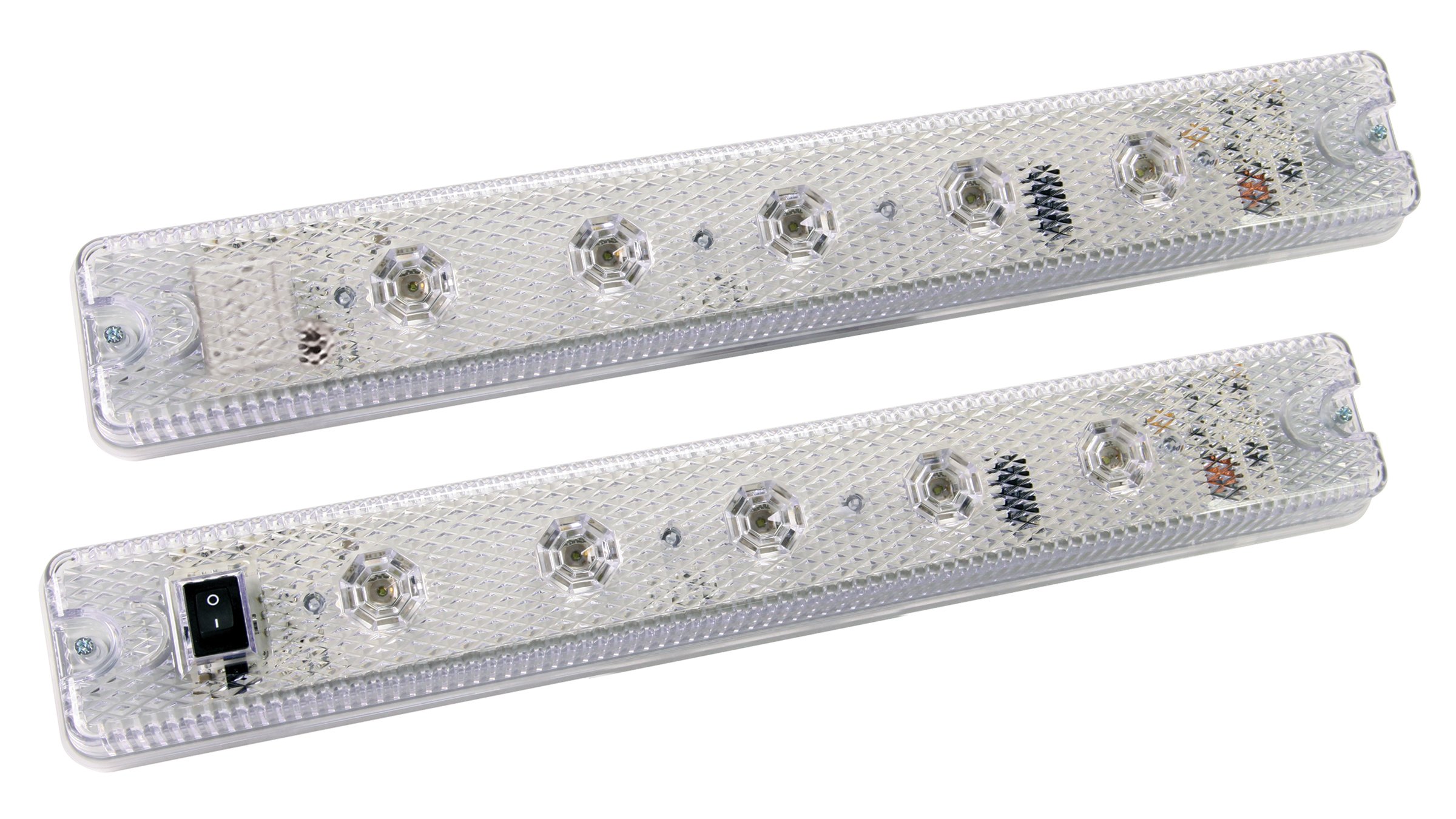 two, white/clear 855L panel light bars with 5 lights; one bar
