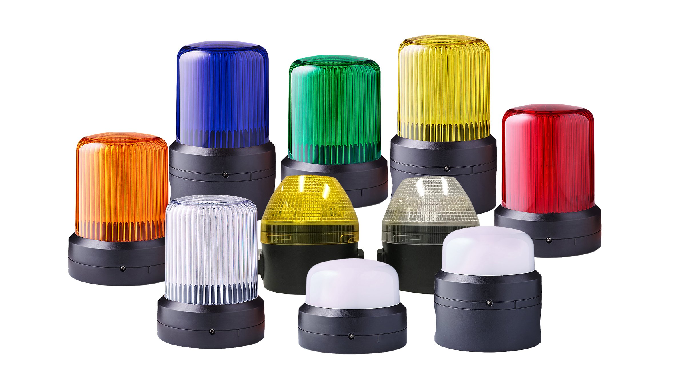 Family shot of various color and size configurations of round industrial beacons on black plastic bases.