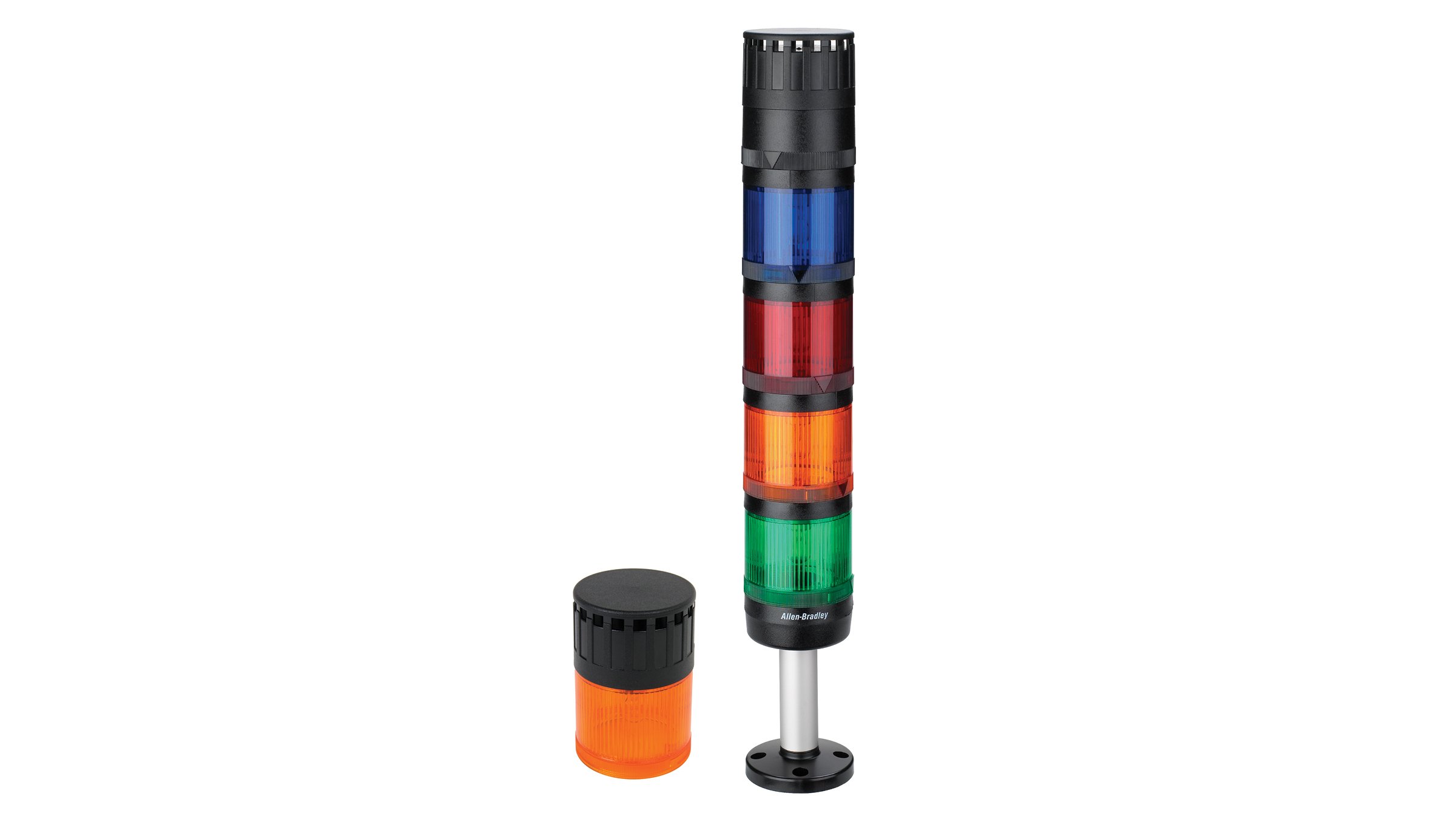 zwei 855 Control Tower-Warnleuchten, ein orangefarbenes mit schwarzer Abdeckung; Sockel mit 4 gestapelten Leuchten, grün, orange, rot und blau, mit schwarzer Abdeckung