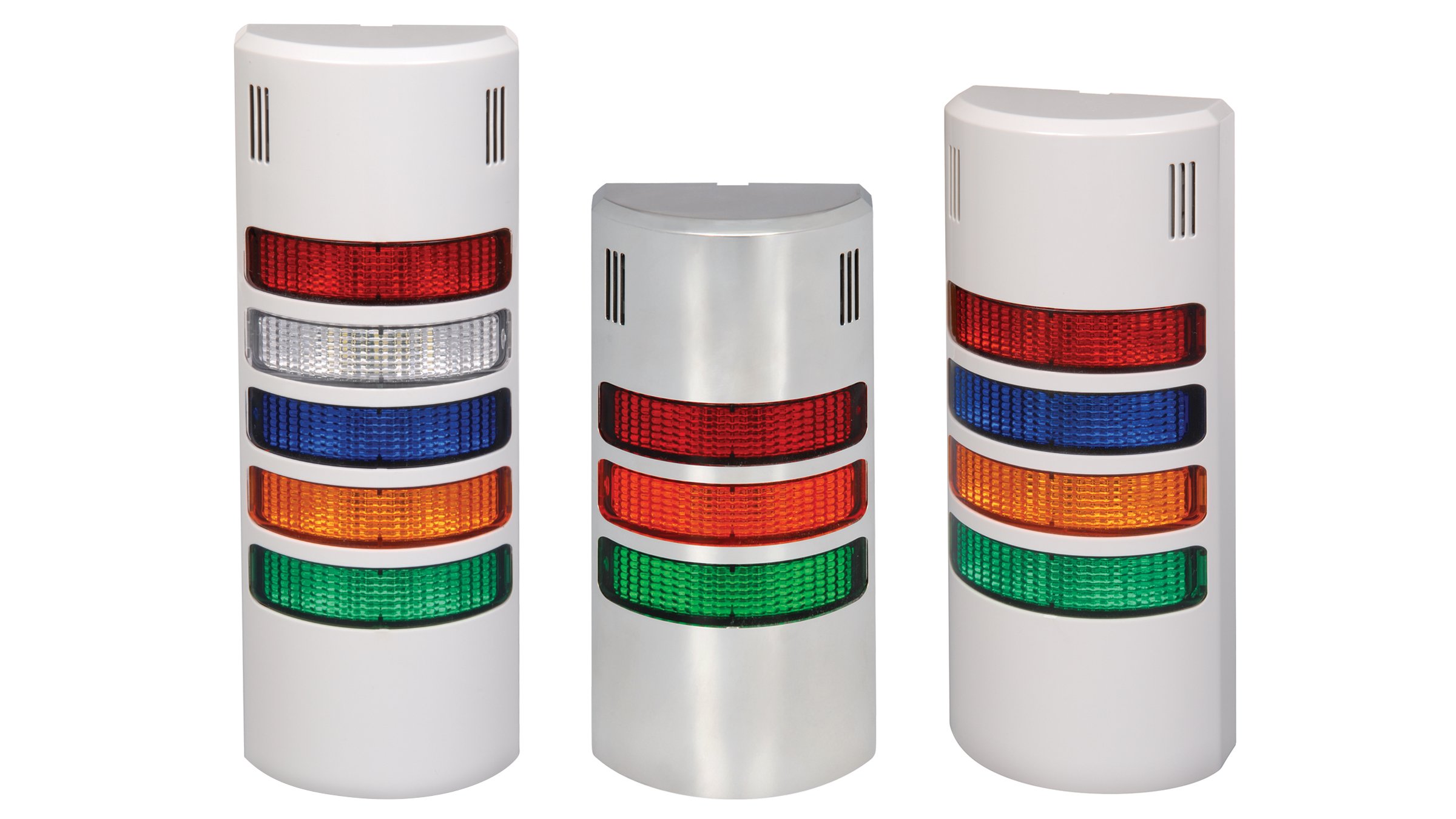 三種版本的 855 壁掛式訊號燈；一種是紅/白/藍/橘/綠燈；一種是紅/橘/綠燈；一種是紅/藍/橘/綠燈