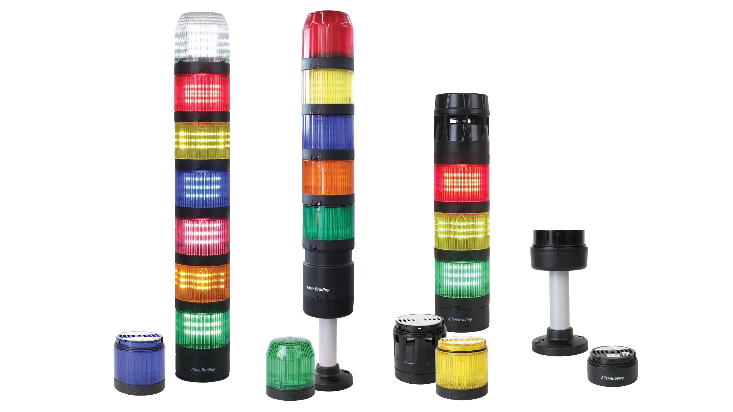 Différents modules lumineux multicolores représentés empilés et individuellement, avec des capuchons noirs, un module d’alarme et des socles de montage