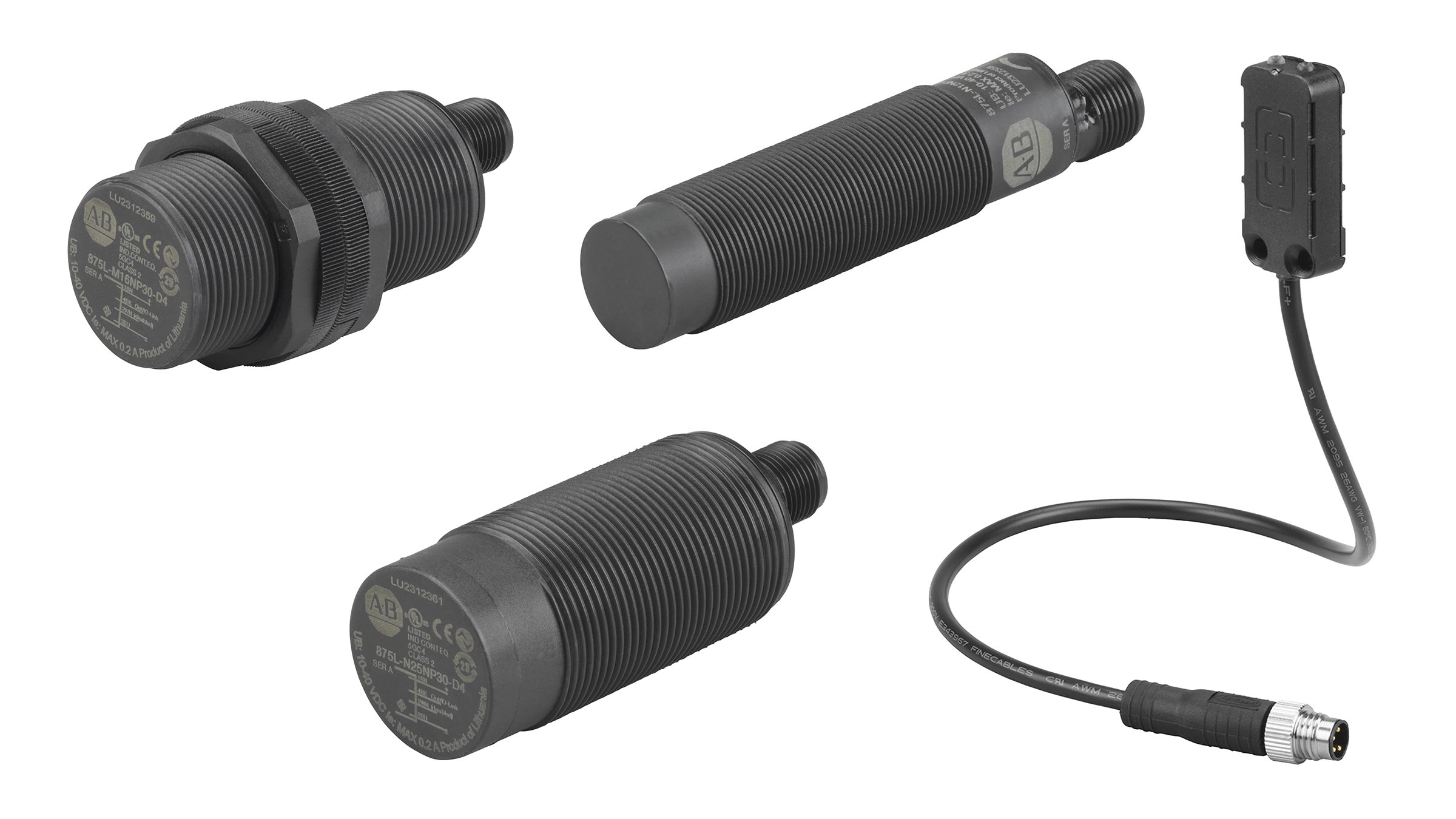 Collage of four black capacitive sensors (clockwise at 12:00 a Cylindrical Sensor with 18 mm Barrel Diameter and DC Micro Quick Disconnect, at 1:00 a 34 mm Long Rectangular sensor with black 2 m PVC Cable, at 7:00 Cylindrical Sensor with 30 mm Barrel Diameter, 2 m PVC Cable and 11:00 a Cylindrical Sensor with 30 mm Barrel Diameter and DC Micro Quick Disconnect