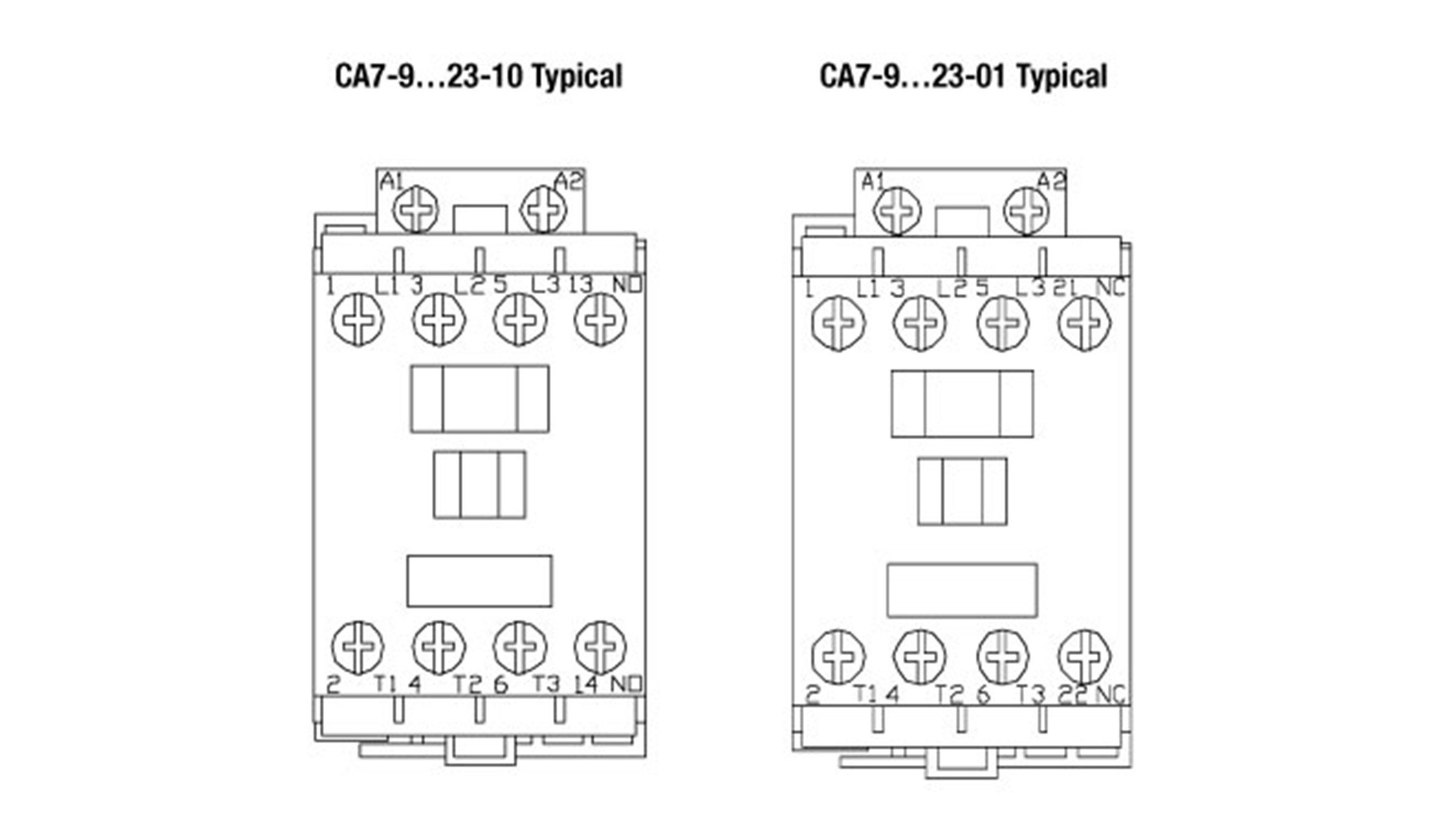 Sprecher & Schuh Series CA7 auxiliary contact markings on 9 to 23 amp contactors