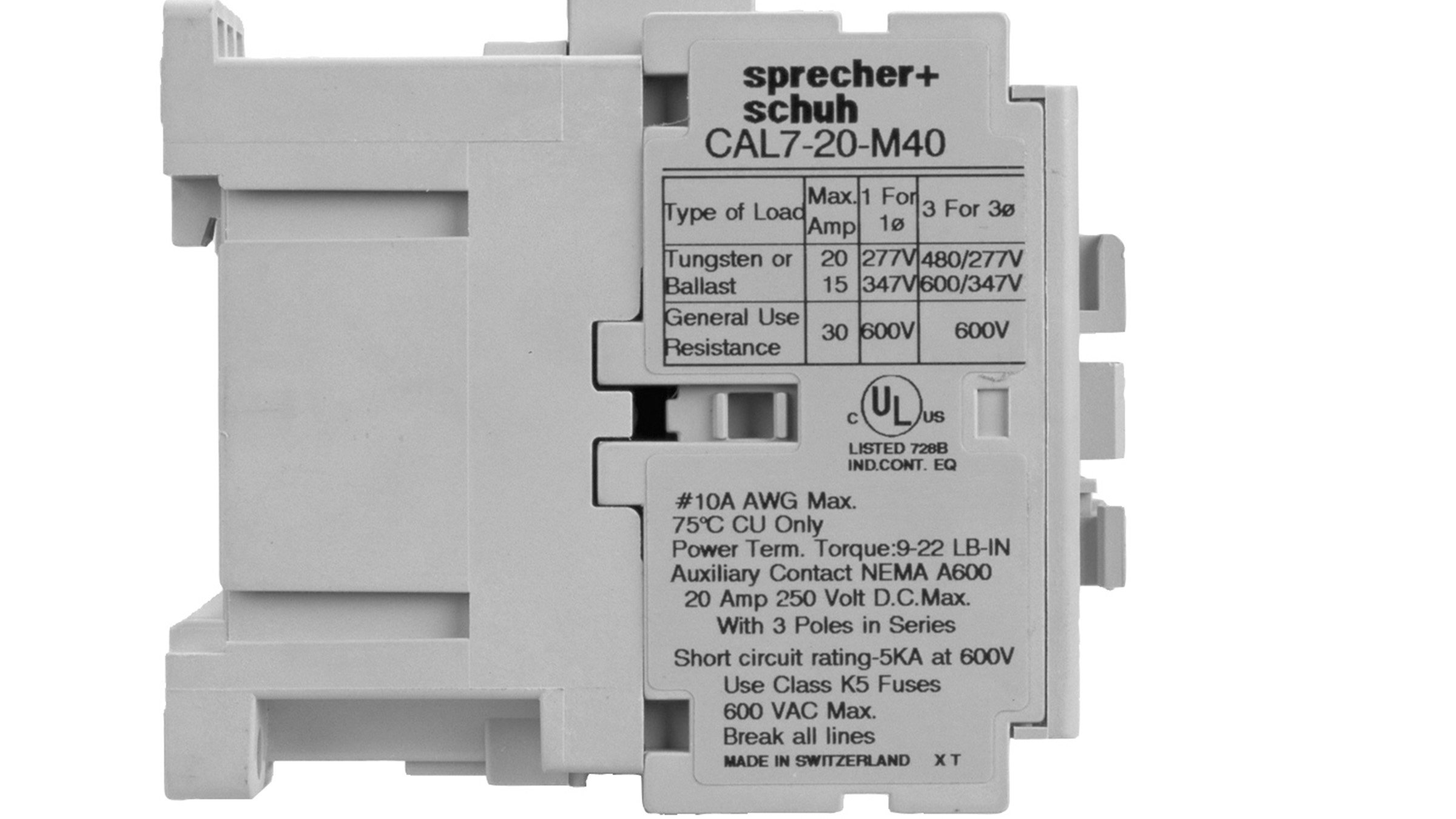 Sprecher & Schuh Series CAL7 Light Contactor label