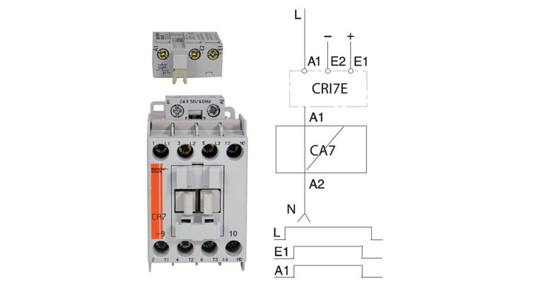 Sprecher & Schuh Series CA7 Contactor with CRI7E electronic interface accessory and wiring diagram