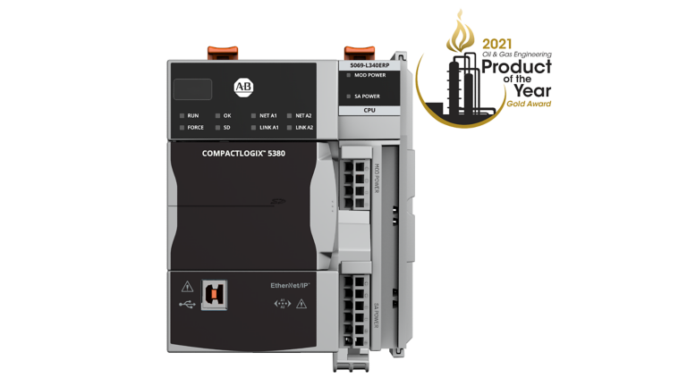CompactLogix™ 5380 프로세스 컨트롤러, 카탈로그 5069-L340ERP, 흰색 배경의 전면 보기. 2021 Oil & Gas Engineering Product of the Year Gold Award 로고가 컨트롤러의 오른쪽 상단 모서리에 있습니다.