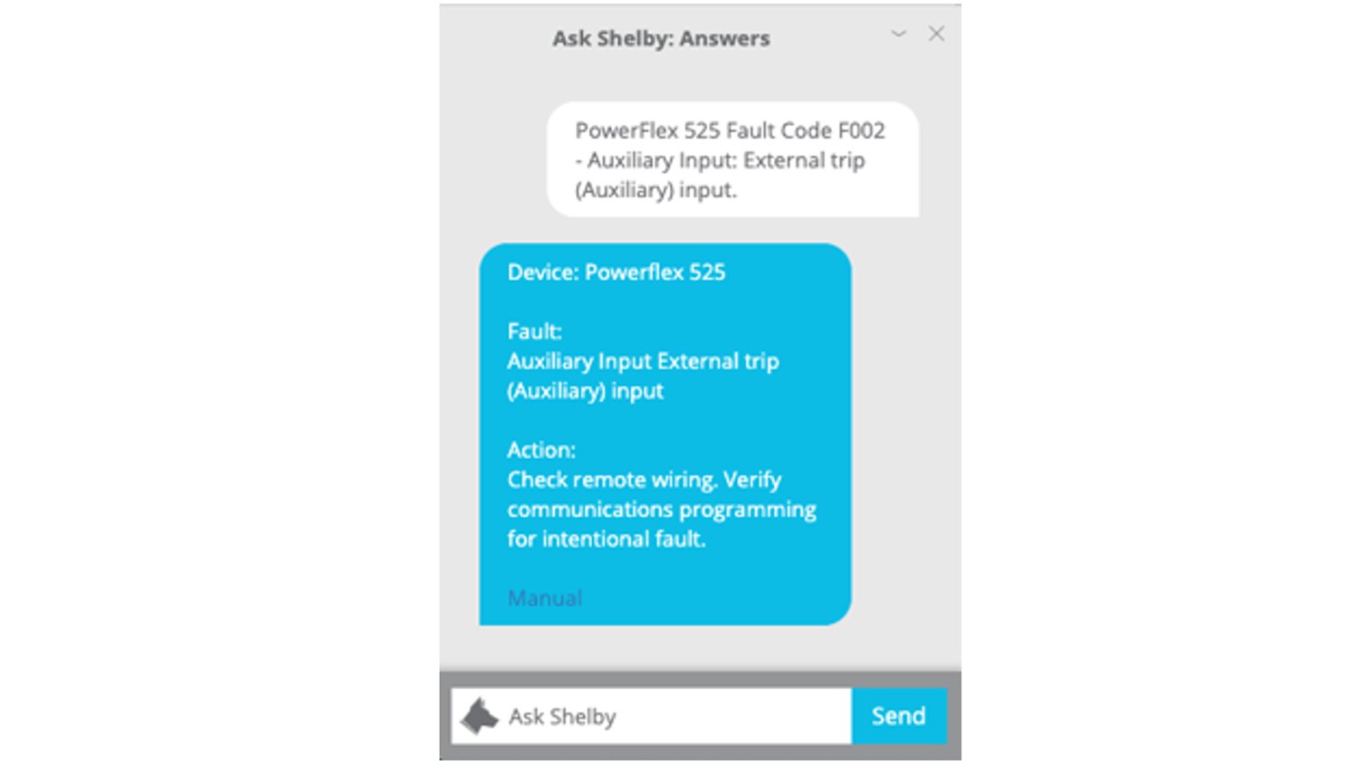 Screen image from mobile device showing chat message with the FactoryTalk Analytics for Devices chatbot about an equipment fault code